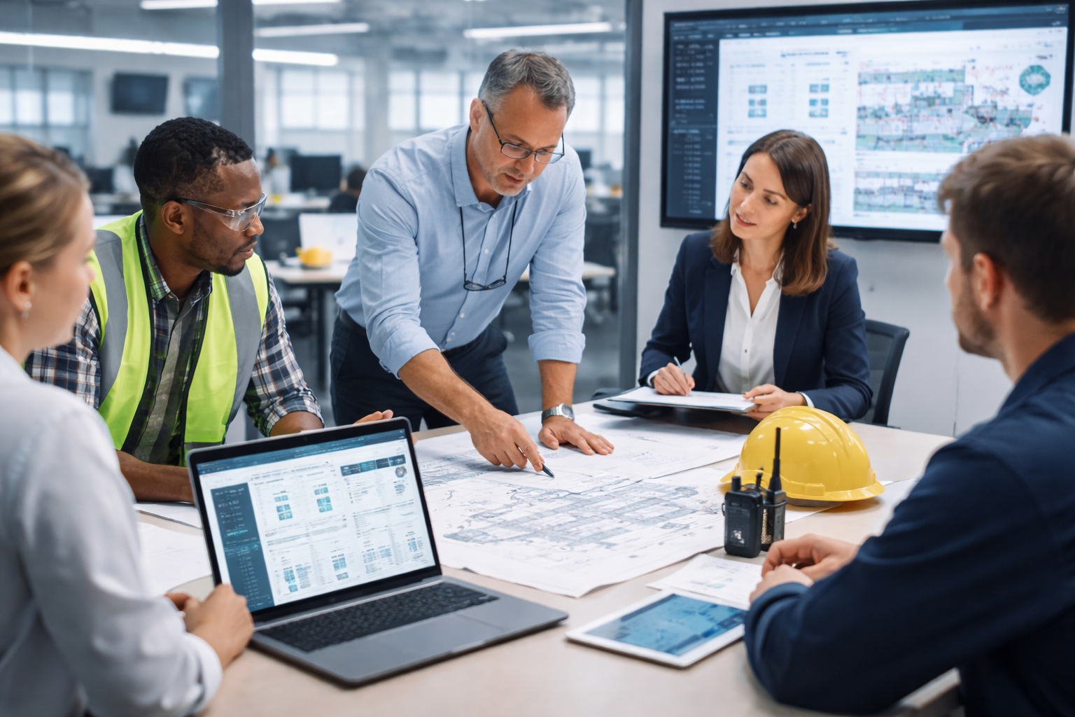Facility operations team collaborating on building plans and digital systems in modern facilities management environment