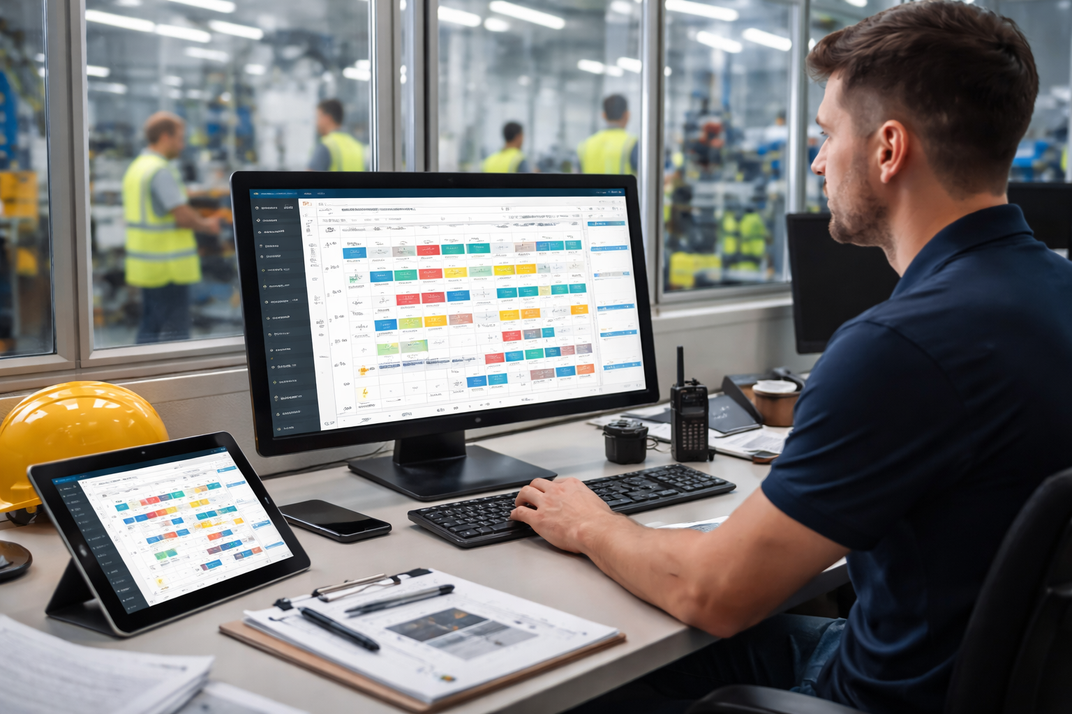 Facility staff scheduling software dashboard used by manager to organize workforce shifts in modern facilities operations