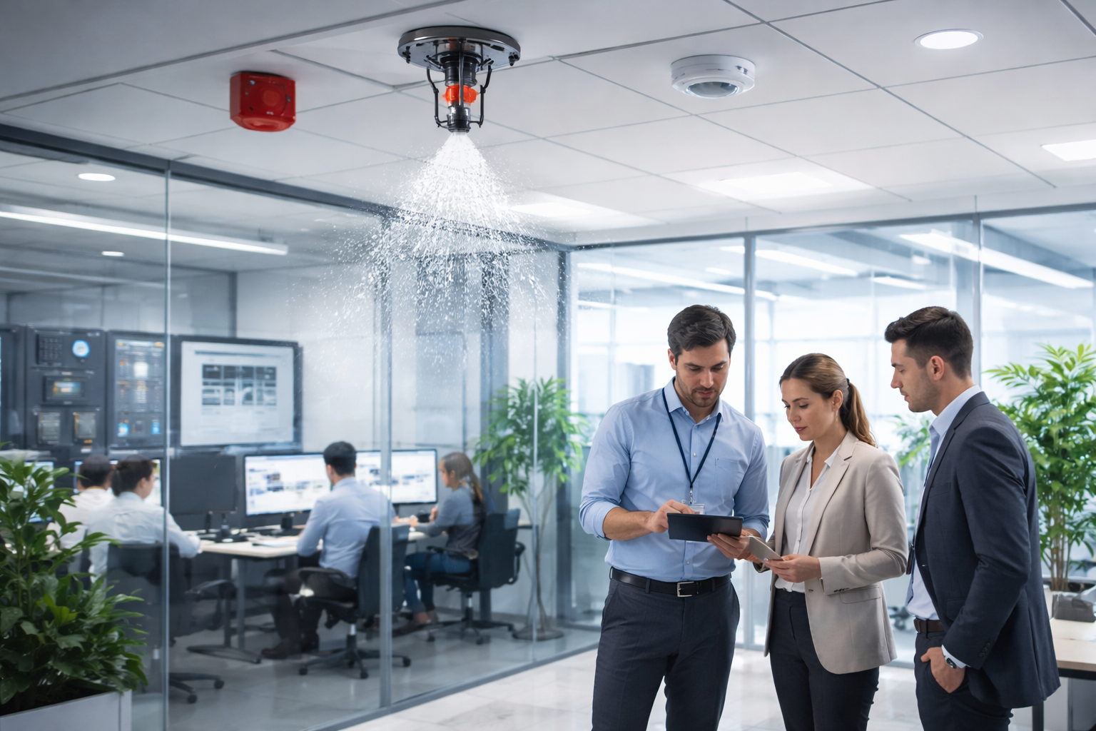 Fire suppression system sprinkler activating inside a modern smart office building with engineers monitoring safety systems