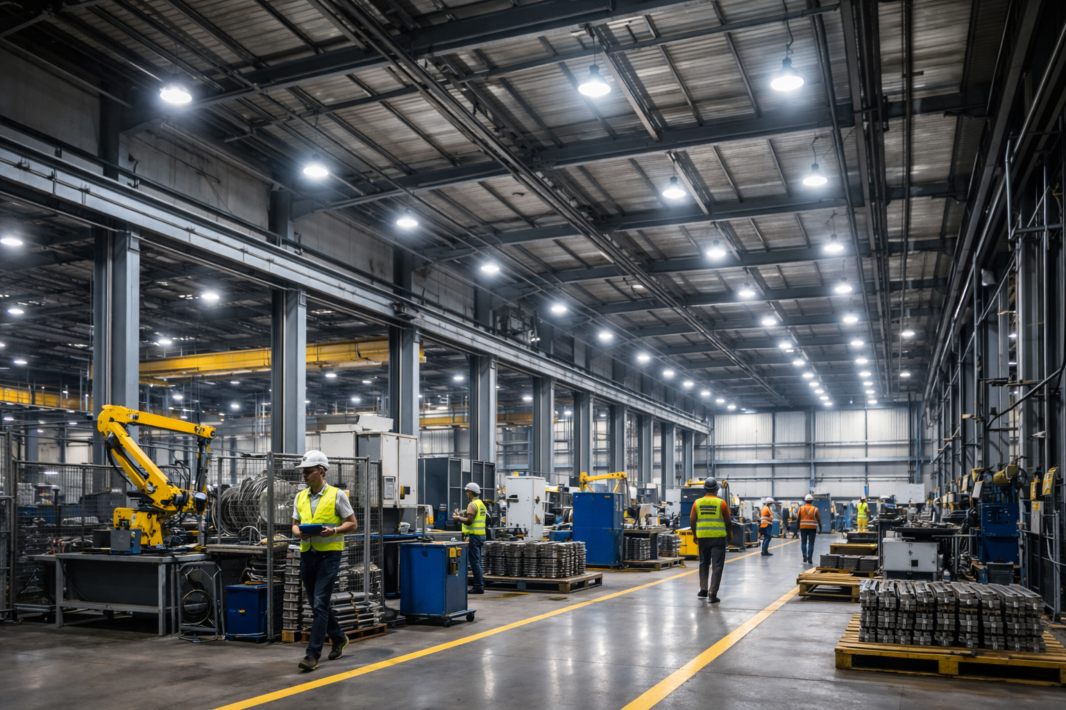 Industrial workers inside a modern factory illuminated by LED industrial lighting solutions