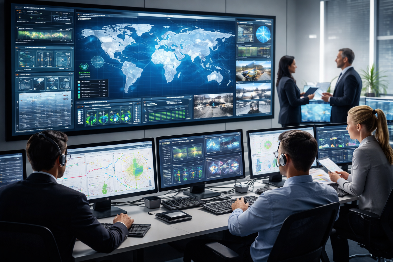 Multi site facilities management team monitoring global operations dashboard with real-time data and centralized control systems
