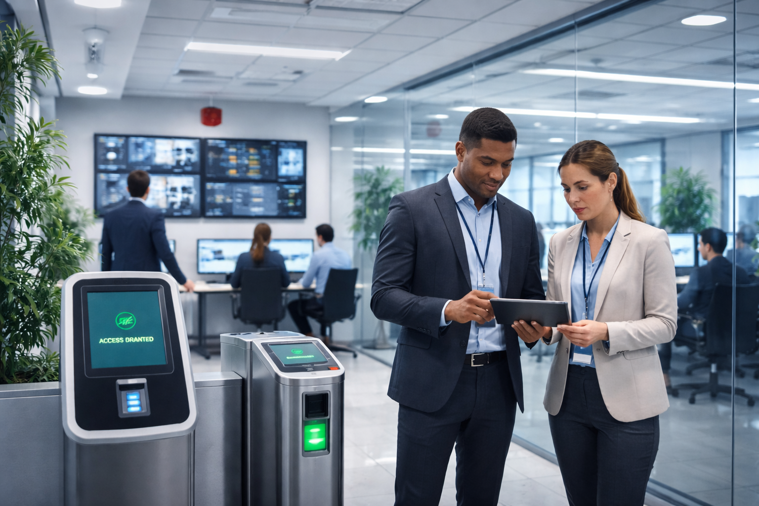 Security and access control systems in a modern smart office with professionals monitoring access terminals and surveillance screens