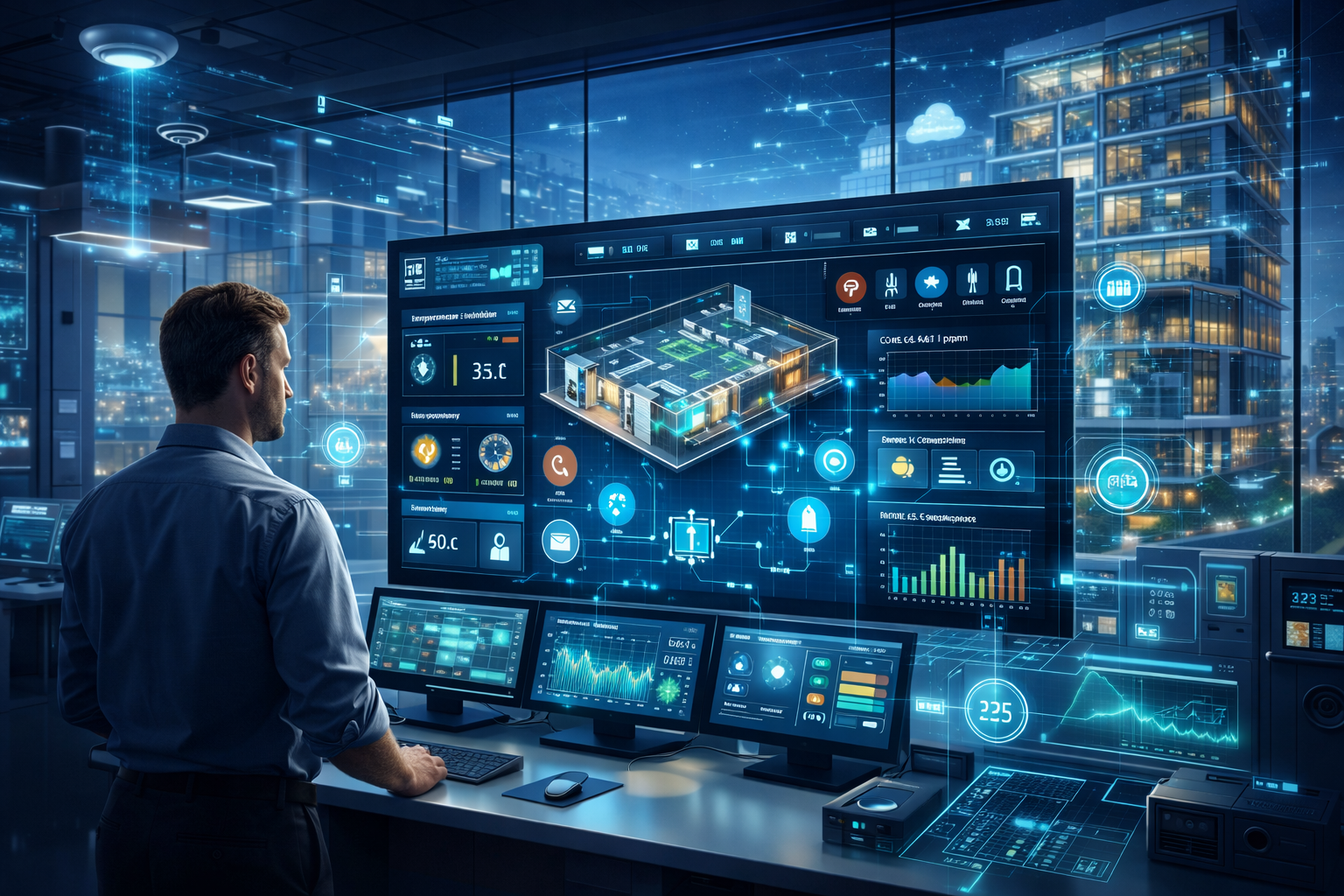 Sensors and monitoring technologies dashboard tracking temperature humidity air quality occupancy and energy in a smart building system