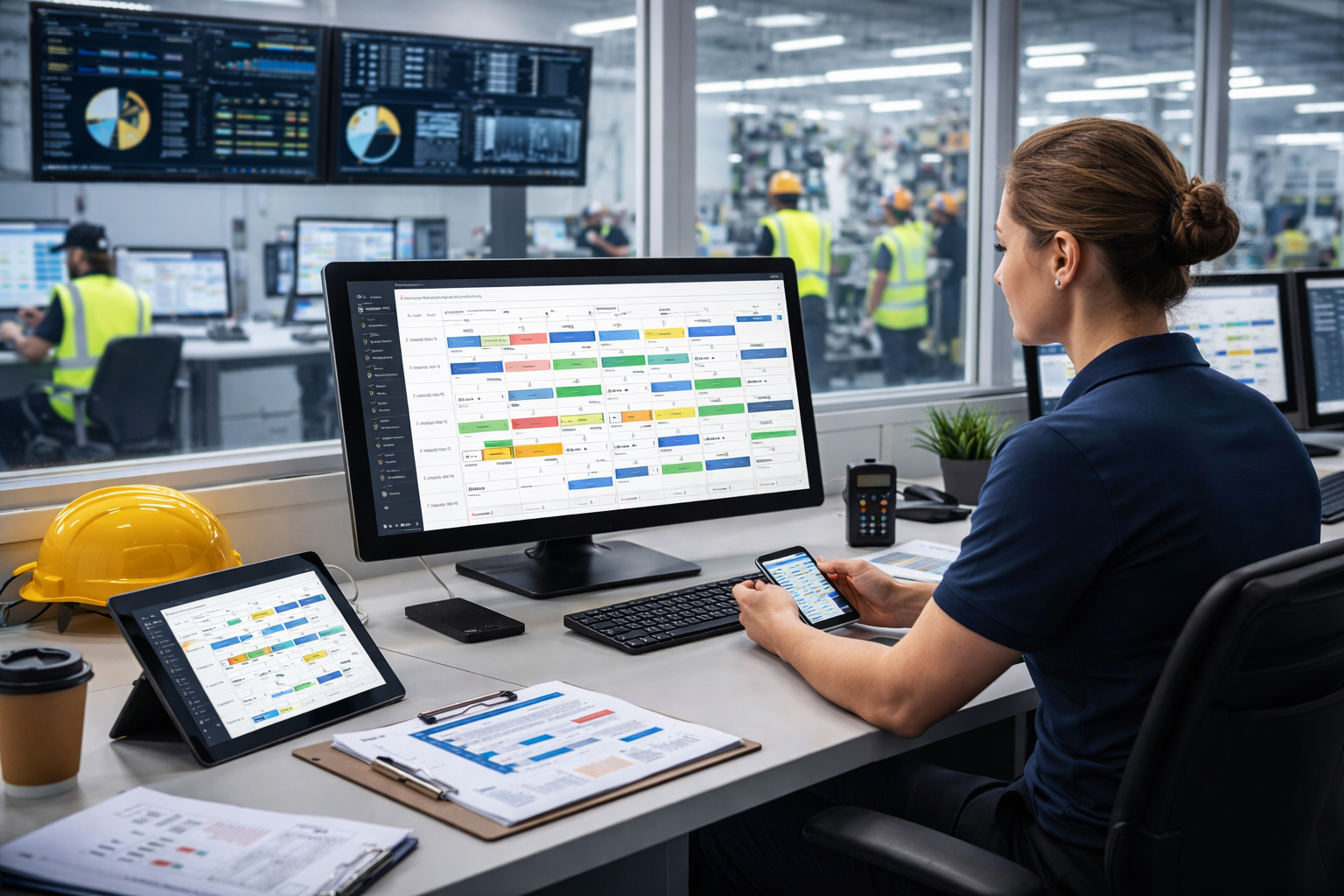Shift planning for operations teams using digital scheduling system in modern control room with real-time workforce data