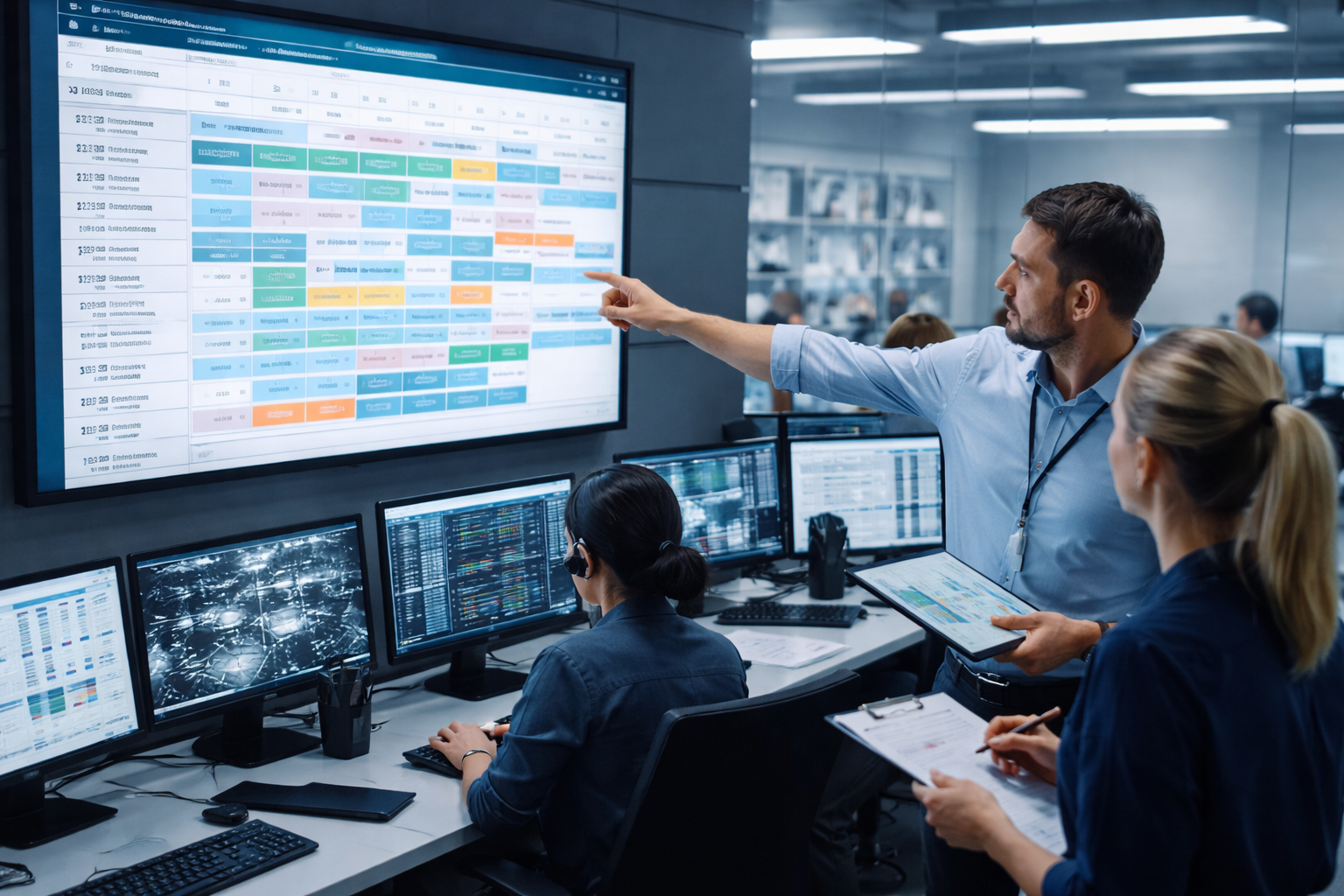 24/7 shift scheduling team managing digital workforce schedule in real-time operations control center