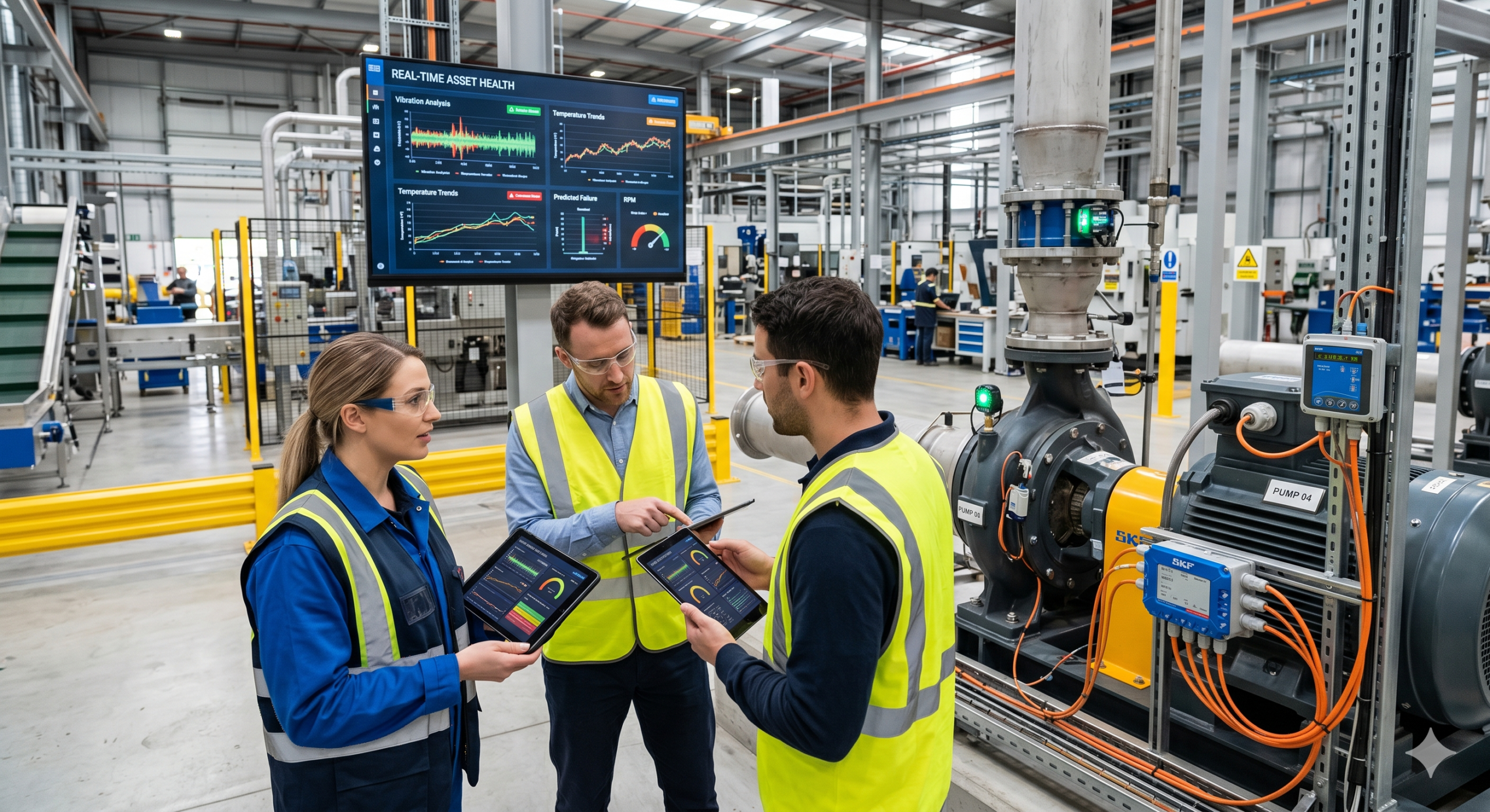 Three engineers in high-visibility vests and safety glasses standing in a clean, modern factory floor, analyzing condition-based monitoring dashboards on tablets and a large overhead screen showing real-time graphs for vibration, temperature, and predictive maintenance alerts from attached industrial machinery sensors.