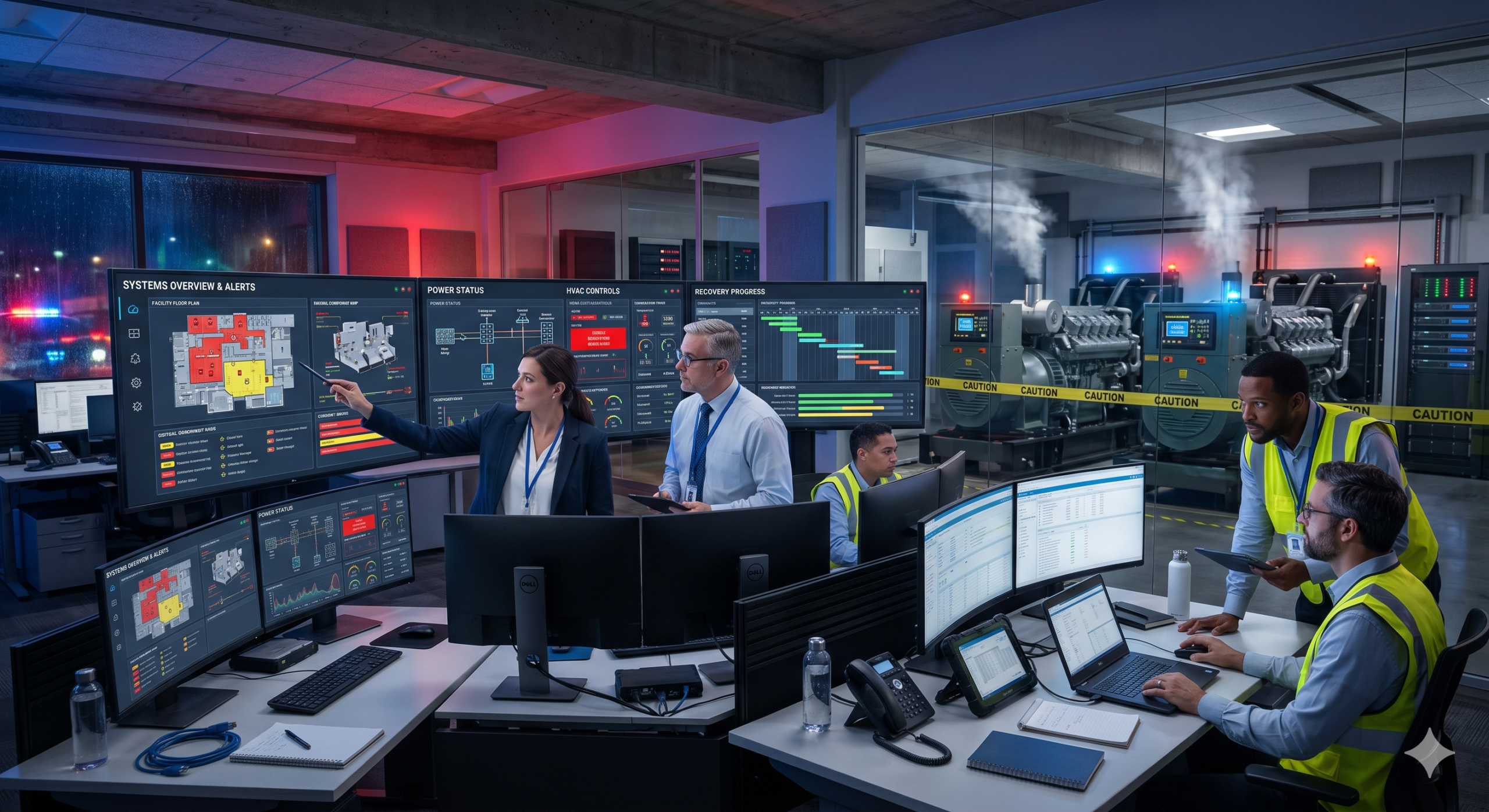 Inside a busy critical infrastructure control room at night. A female facility manager, in a business blazer, points to a large curved wall monitor displaying a floor plan heatmap labeled 'SYSTEMS OVERVIEW & ALERTS.' Beside her, an engineer in a dress shirt and tie holds a tablet and reviews a Gantt chart on a screen labeled 'RECOVERY PROGRESS.' In the foreground, other technicians, some wearing yellow safety vests, analyze data on curved desktop monitors and laptops. Through a large glass window in the background, massive diesel backup generators with flashing red and blue safety lights are visible, with steam venting and caution tape marked 'CAUTION.' It is raining outside a small window on the left. The scene shows a complex, high-stakes environment where a team coordinates to manage building systems and data center power during a disruption.