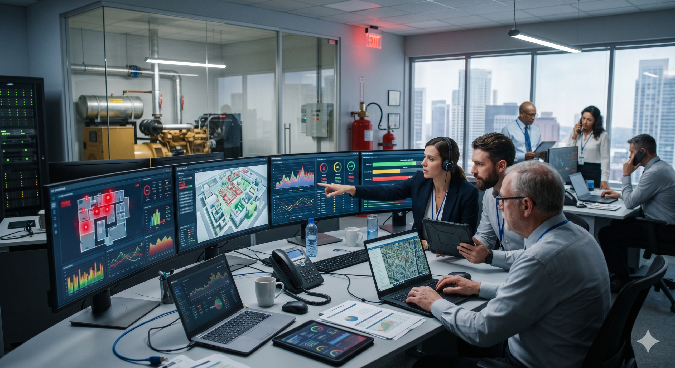 A photorealistic image of a professional Network Operations Center (NOC). In the foreground, a team of three IT professionals analyzes multiple screens. A woman with a headset points to a detailed server map with glowing indicators. A senior male analyst uses a laptop and reviews printed charts. Large, wall-mounted curved monitors display complex data dashboards, server health grids, and real-time performance metrics. The background features a large diesel generator through a glass wall, server racks with network lights, other team members collaborating on phones, and floor-to-ceiling windows showing a modern city skyline.