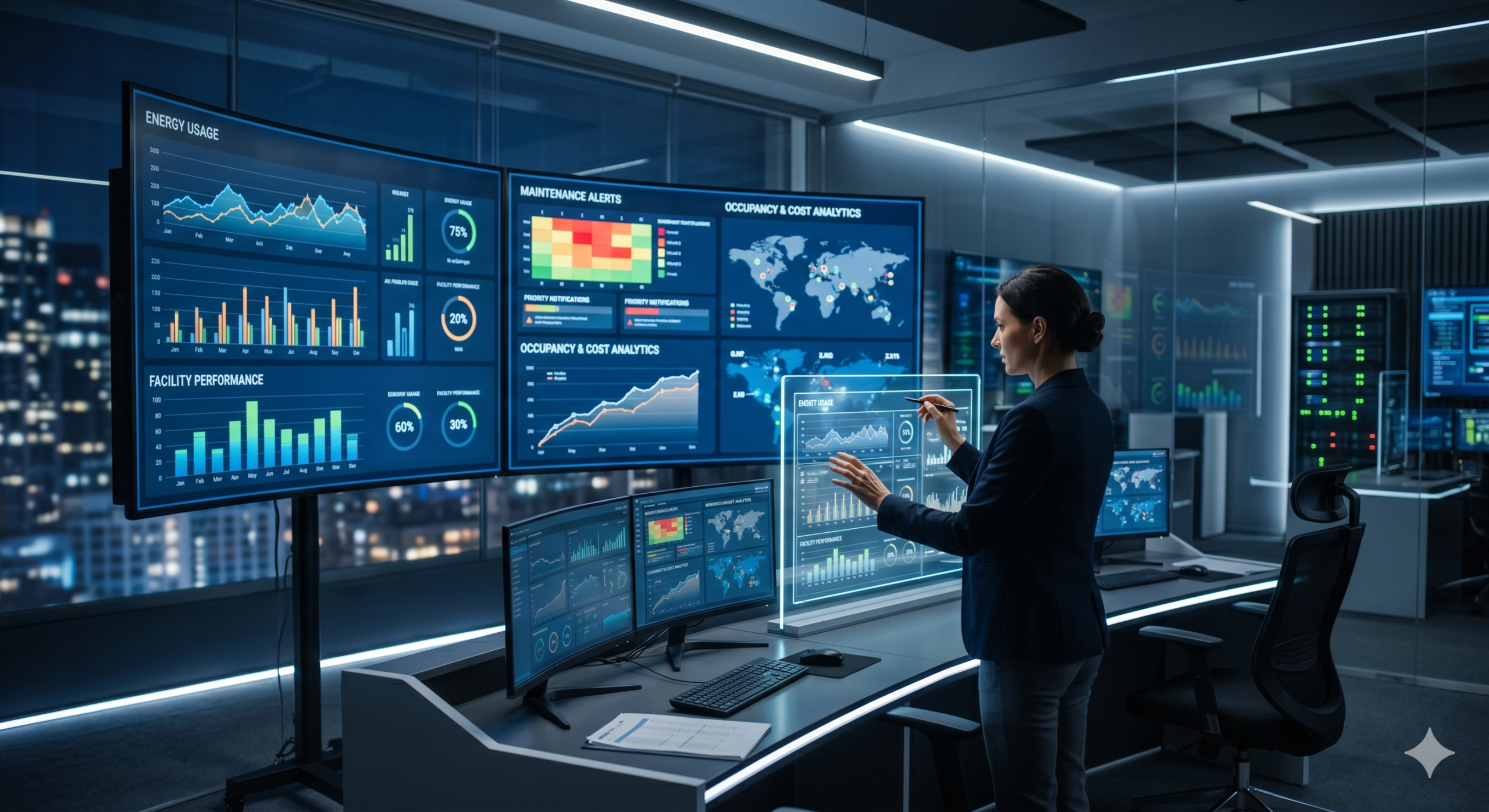 Inside a modern, futuristic smart building management control room. A facility manager in a dark suit stands before large, curved LED monitors displaying data dashboards for 'Energy Usage,' 'Facility Performance,' 'Maintenance Alerts,' and 'Occupancy & Cost Analytics.' The manager holds a stylus and interacts with a glowing, transparent, holographic display. The room features server racks, additional monitors, ergonomic chairs, and a blurred cityscape at night visible through large windows.