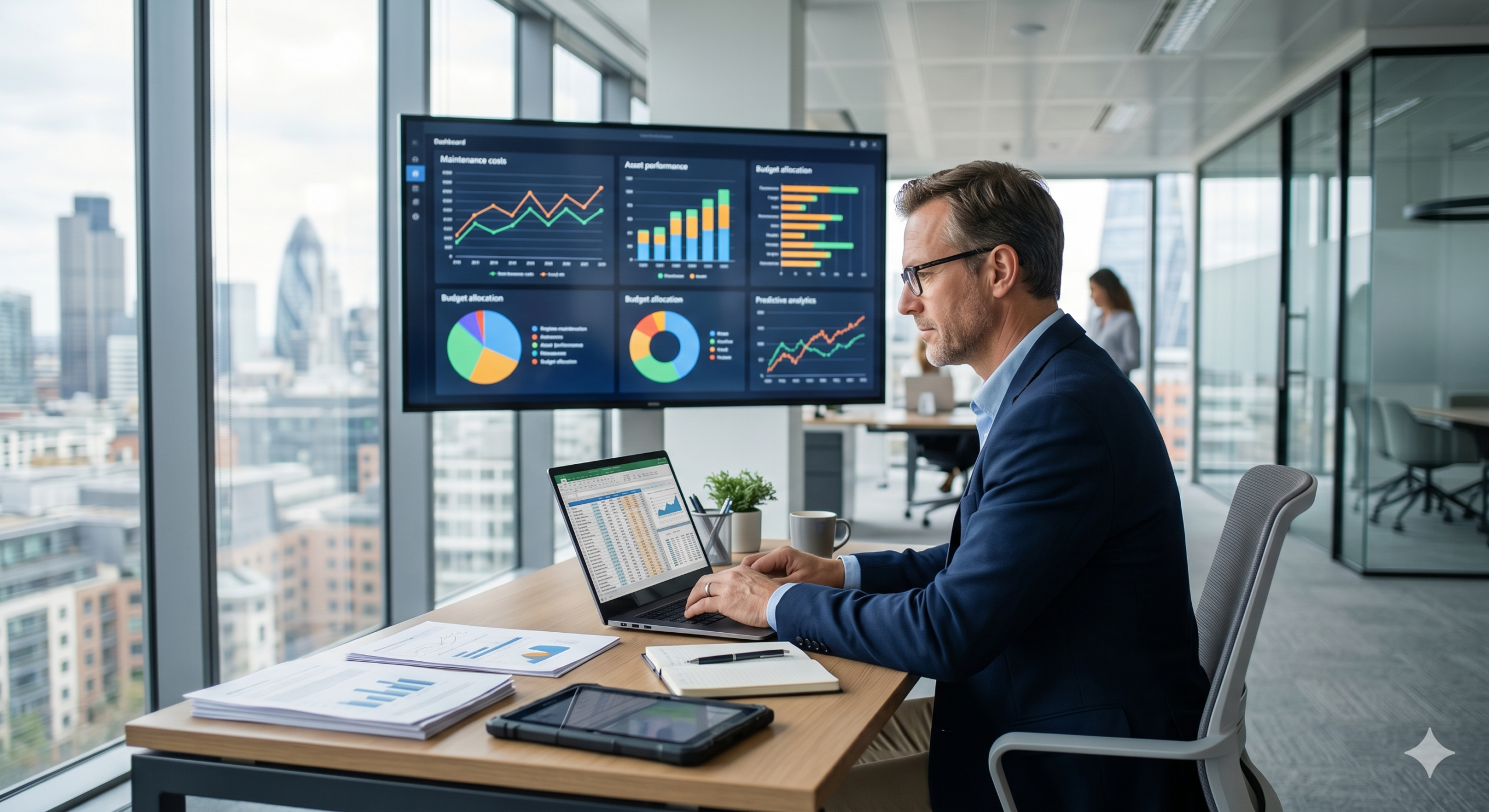 A businessman in a suit with glasses sits at a modern office desk by a window overlooking a London city skyline, working on a laptop displaying financial data. Behind him, a large TV screen shows a business analytics dashboard with multiple charts (line graphs, bar charts, pie charts) for data visualization and KPIs. A tablet, notebook, and printed reports are on the desk.
