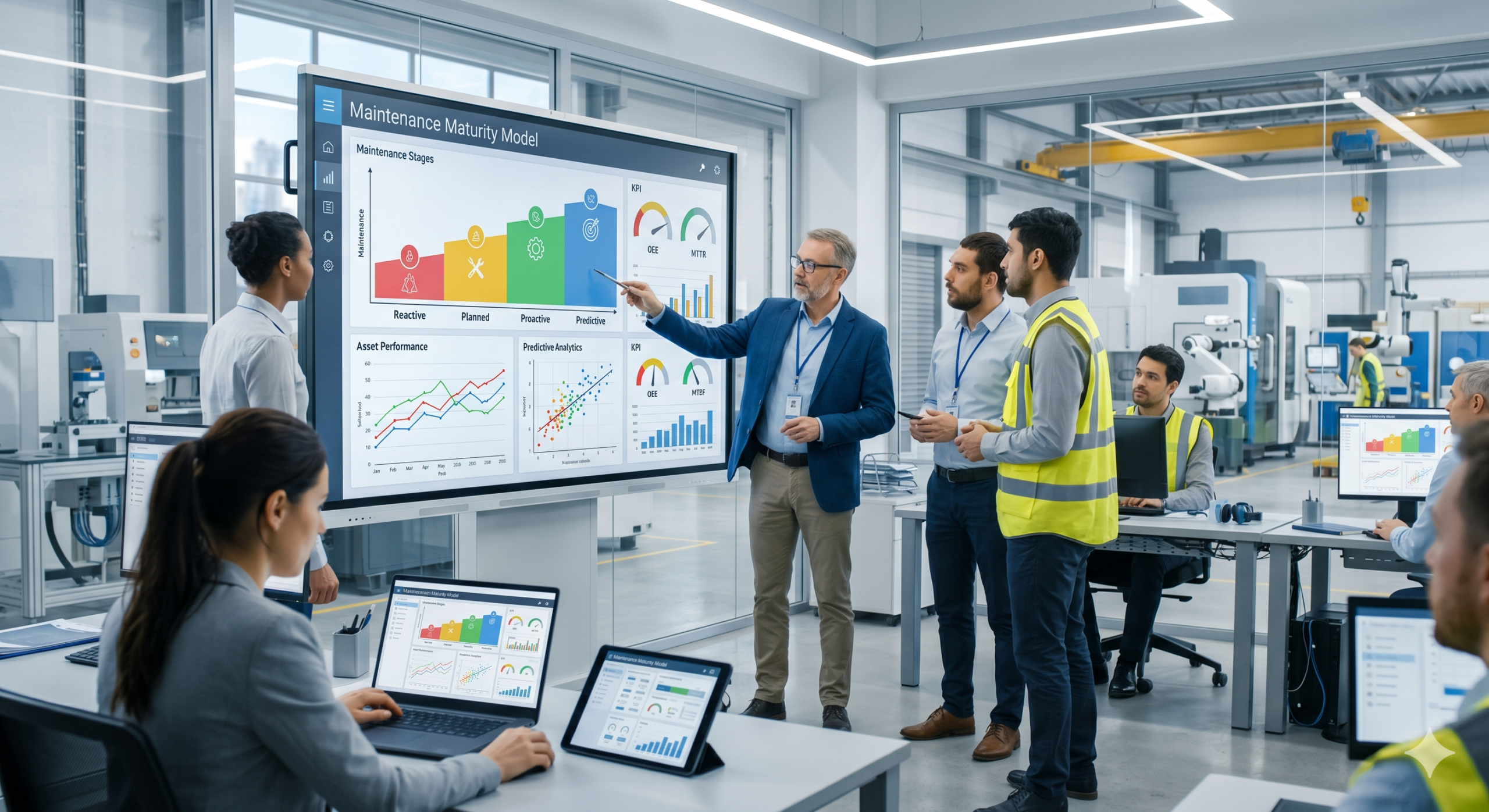 A business team of six people, including an older man in a blue suit pointing to a large touch screen displaying a colorful 'Maintenance Maturity Model' dashboard with graphs like asset performance and predictive analytics, is gathered around a table with laptops and a tablet in a modern office. An active manufacturing workshop with CNC machines and robots is visible through a glass wall behind them.