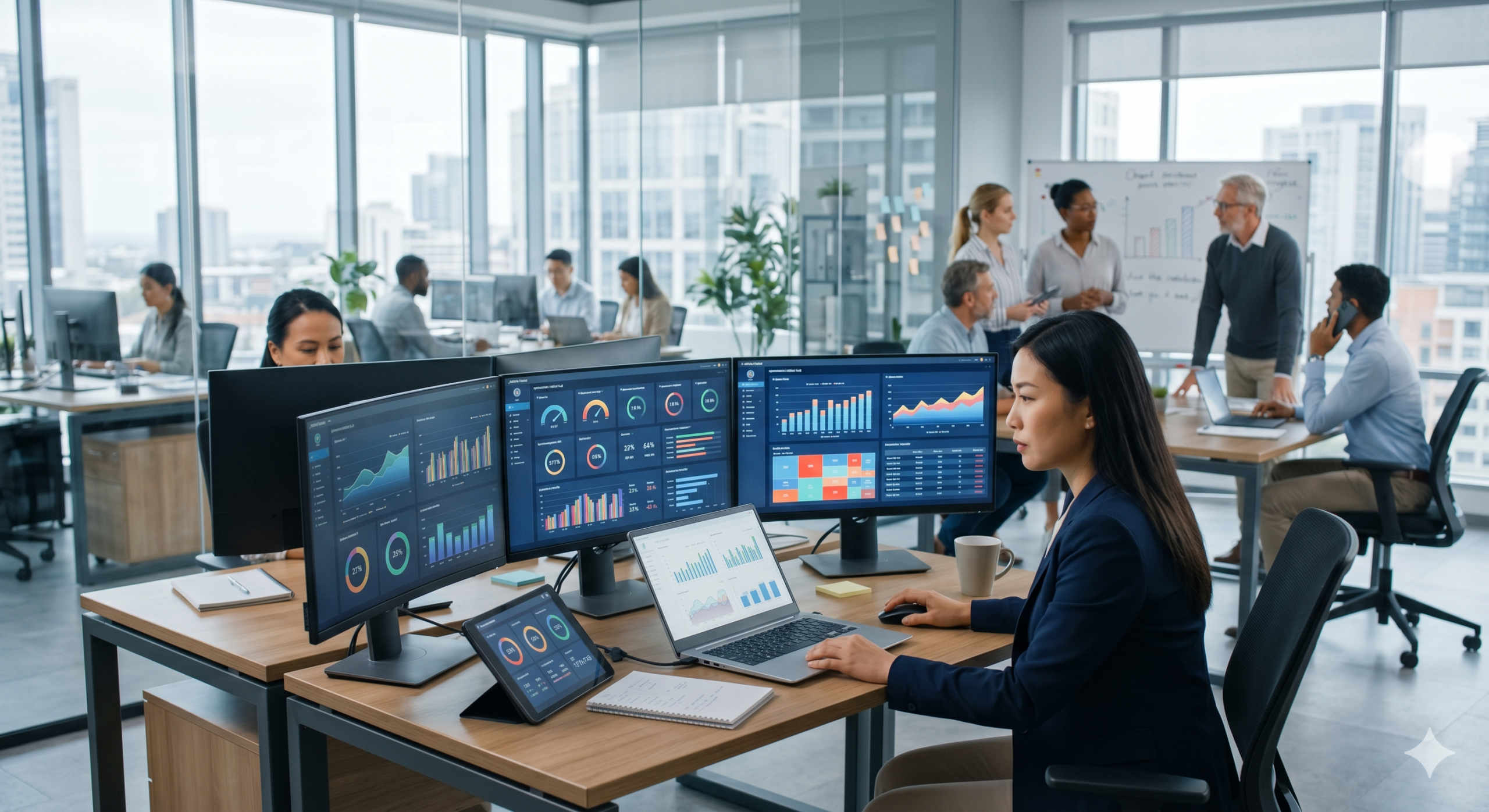 nside a modern corporate office, a young Asian woman in a blue blazer works intently at a multiple-monitor workstation. Her desk features three screens displaying varied business analytics, charts, and data dashboards (including a bar chart and gauges), plus an open laptop and tablet also showing reports. Other employees are visible working at desks or collaborating on a whiteboard in the open-concept space, set against a backdrop of floor-to-ceiling windows overlooking a city skyline.
