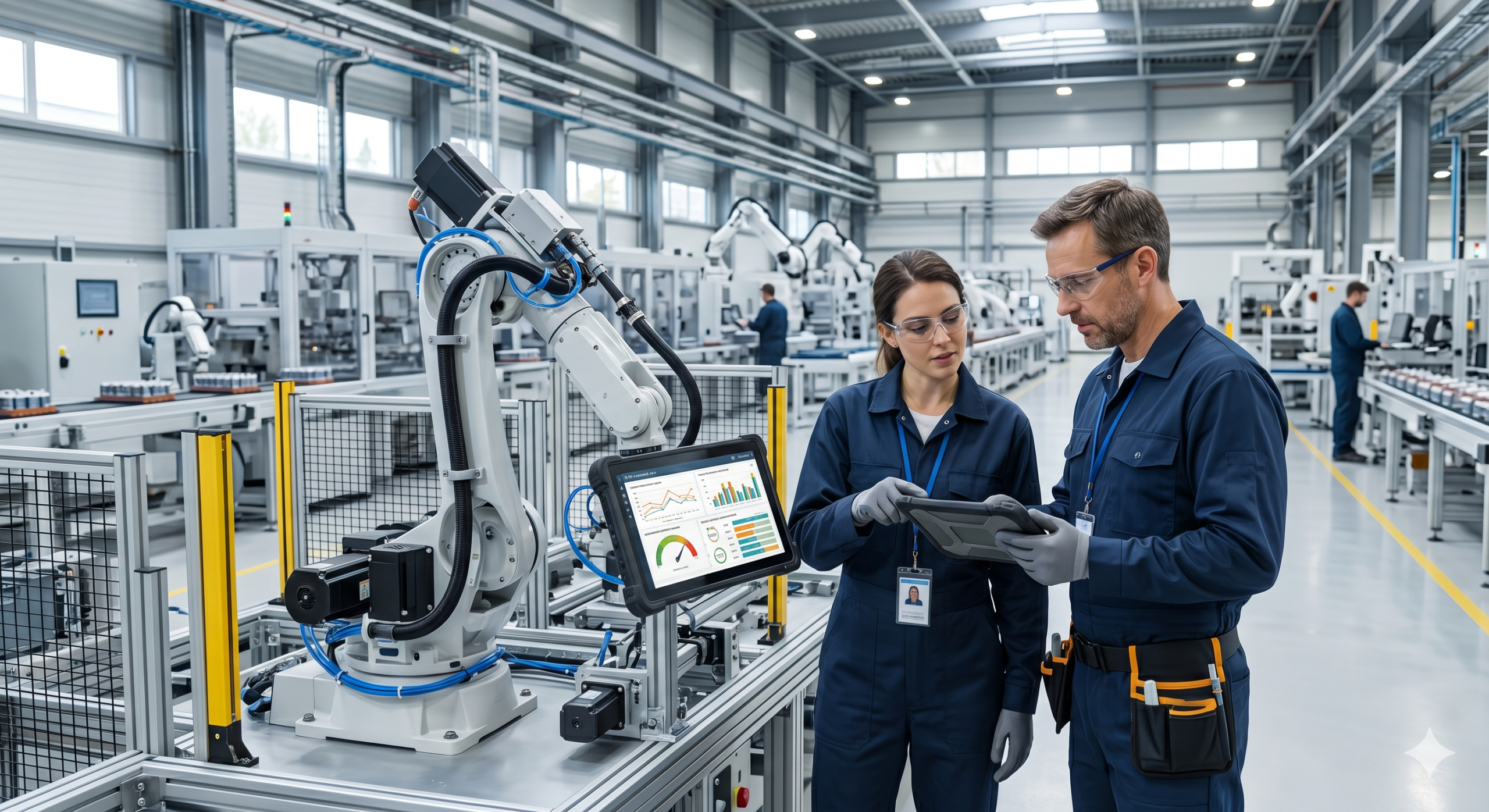 Reliability-centered maintenance engineers analyzing industrial robot performance data on a tablet in a smart factory environment