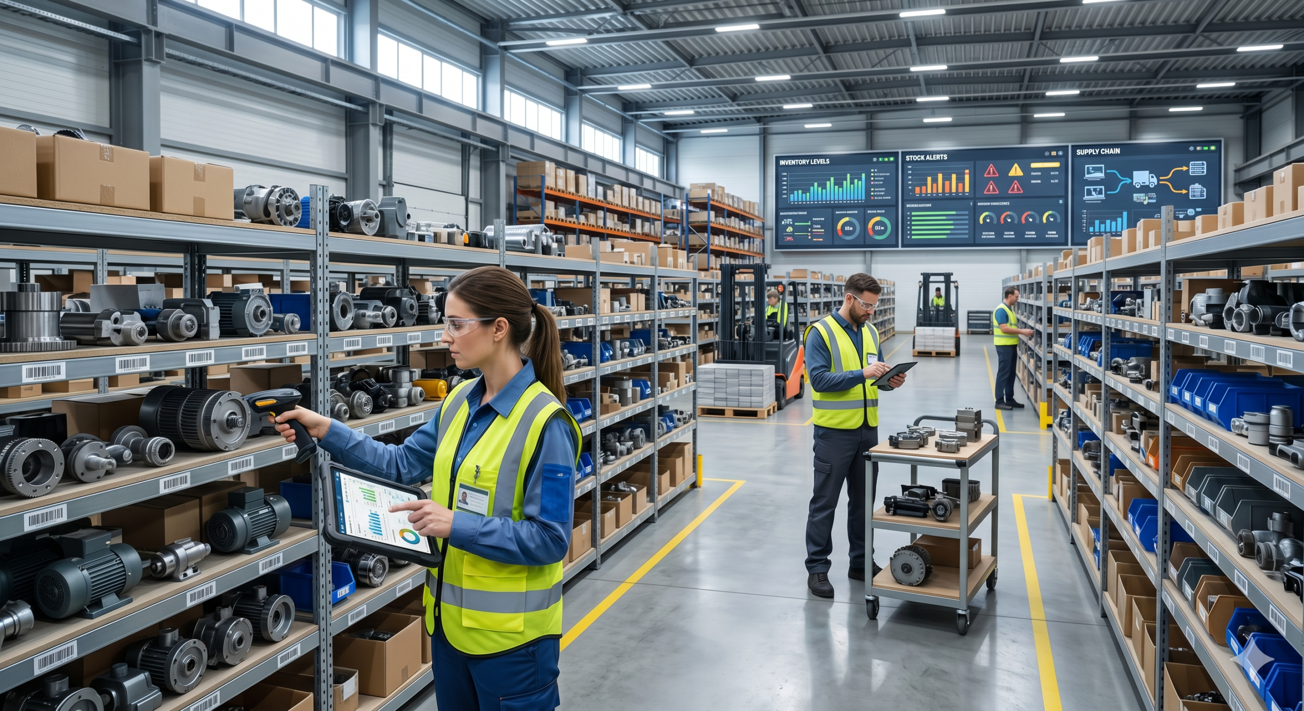 A modern industrial warehouse interior with a female worker scanning barcode labels on shelves of engine parts using a handheld scanner and tablet, alongside a male worker and a forklift, with digital dashboards displaying inventory levels, stock alerts, and supply chain data.