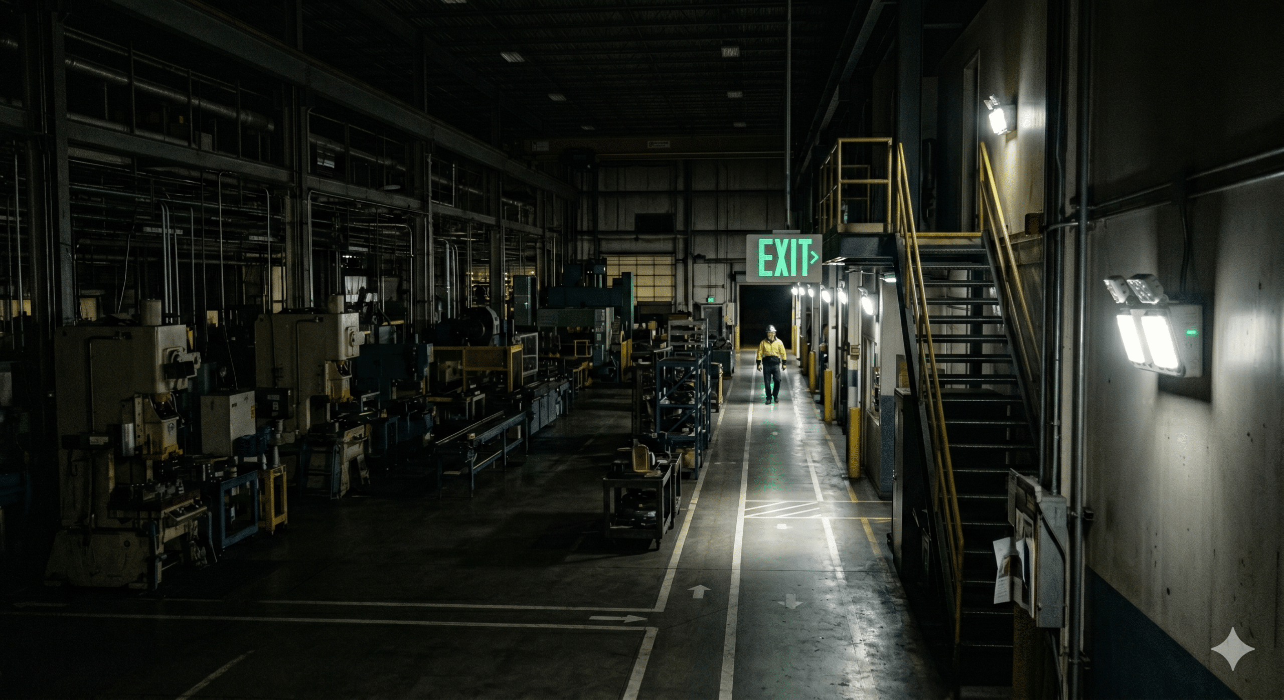 Emergency lighting system illuminating an industrial warehouse during a power outage, featuring bright backup lights, illuminated exit signage, safety pathways, and emergency evacuation routes.