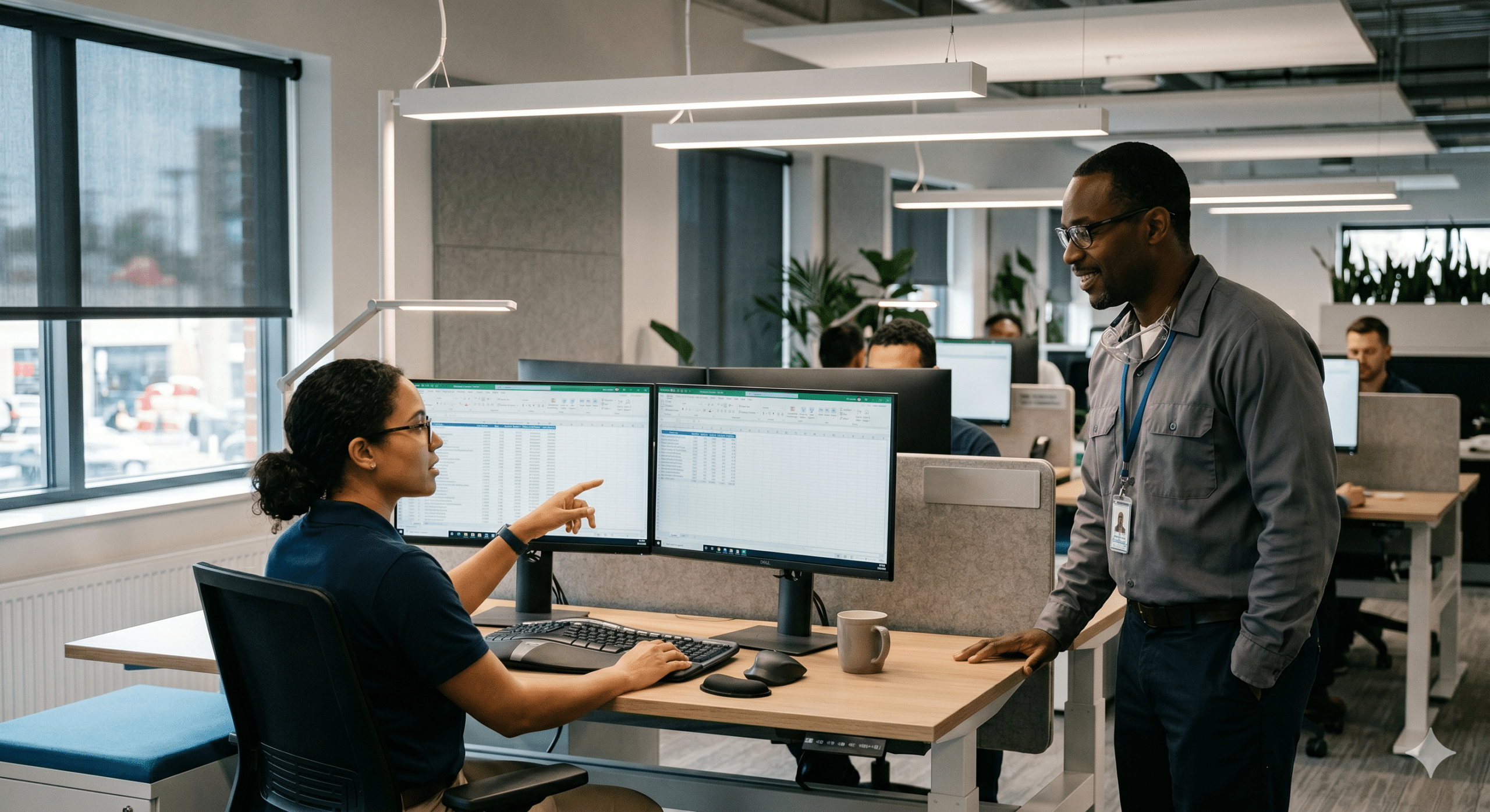 Modern office workspace with employees collaborating at dual-monitor computer stations under glare-controlled LED lighting, demonstrating visual ergonomics and workplace comfort.