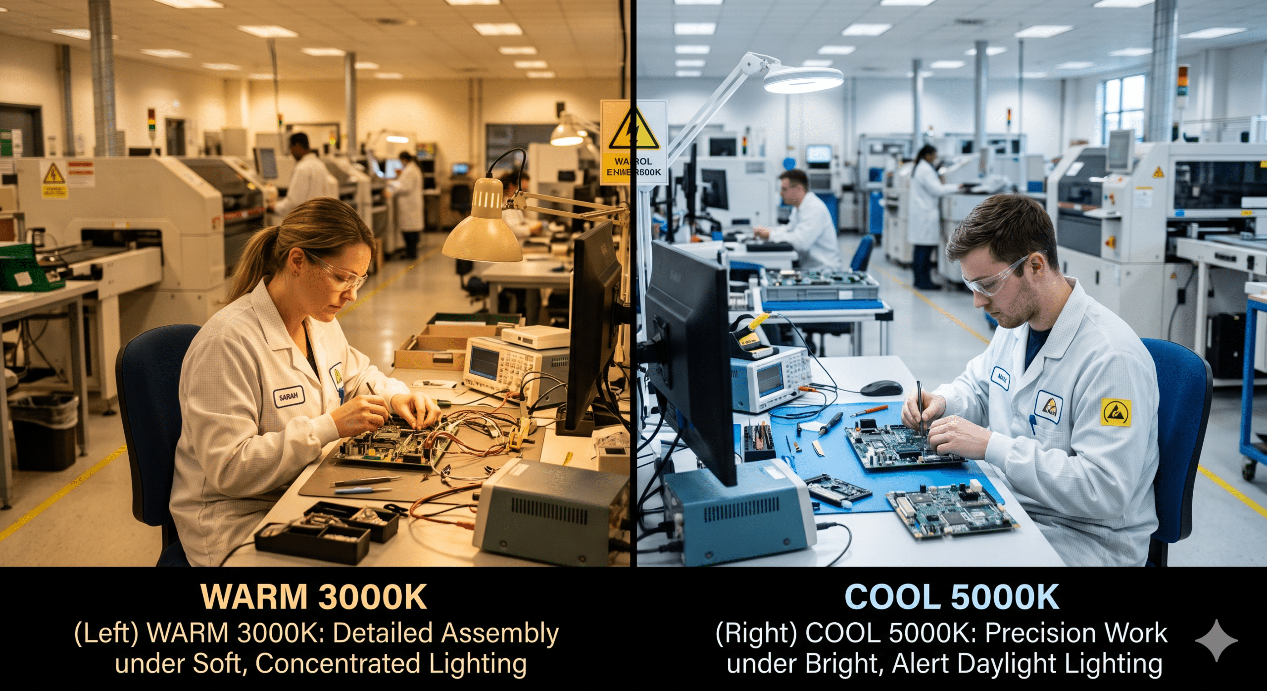 Side-by-side comparison of industrial electronics assembly work under warm 3000K lighting and cool 5000K lighting, demonstrating how color temperature affects visibility, focus, and task performance in a manufacturing environment.