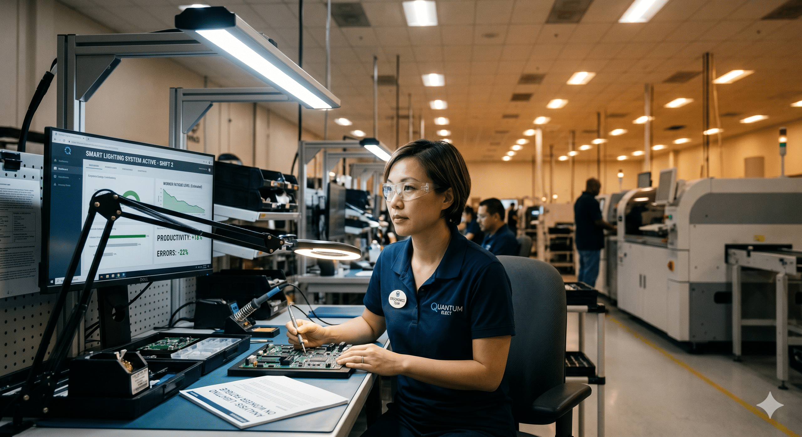 Industrial worker inspecting electronic components under LED task lighting to reduce worker fatigue and improve productivity in a manufacturing facility