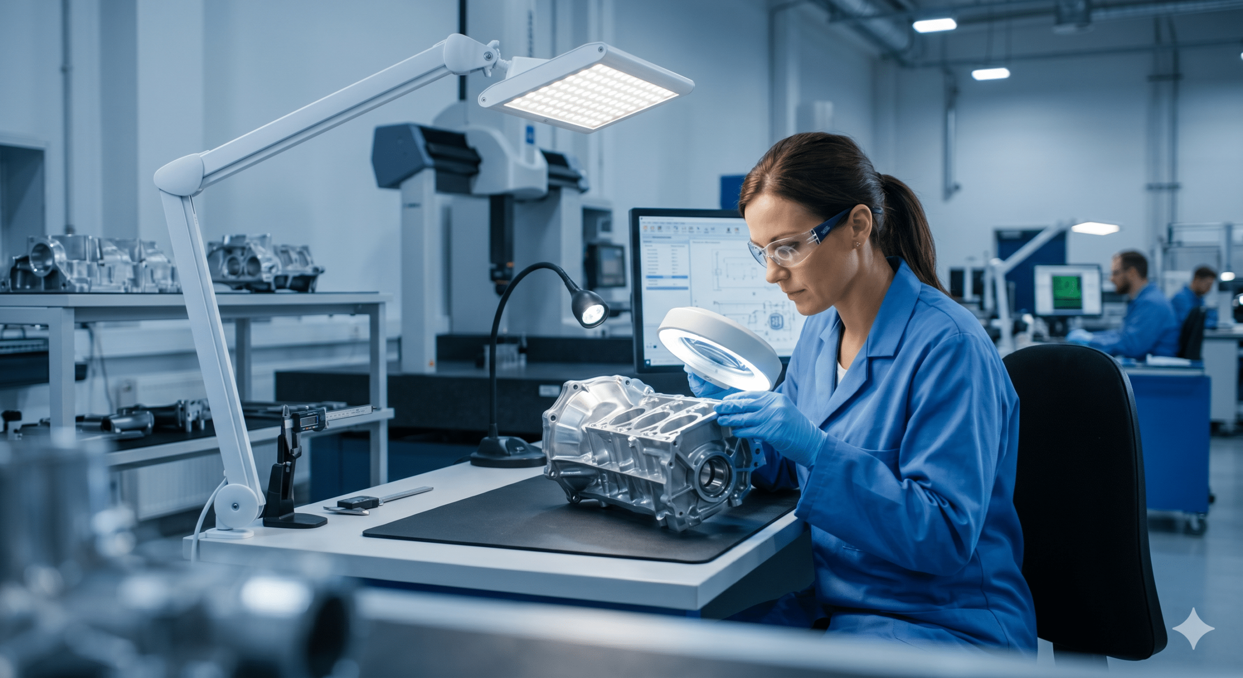 Inspection area lighting in a manufacturing quality control laboratory with technician examining a machined metal component under LED task lighting