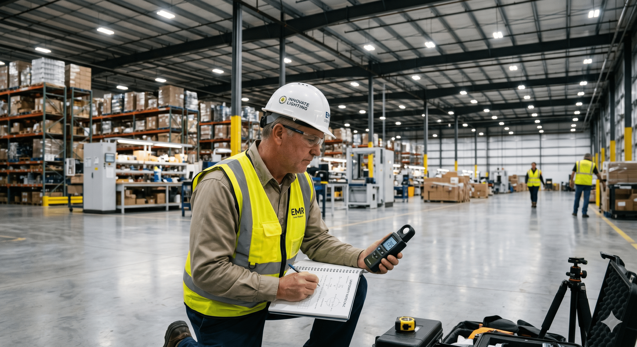 Lighting uniformity ratios explained through a warehouse lighting assessment with an industrial engineer using a lux meter to measure visibility and illumination consistency