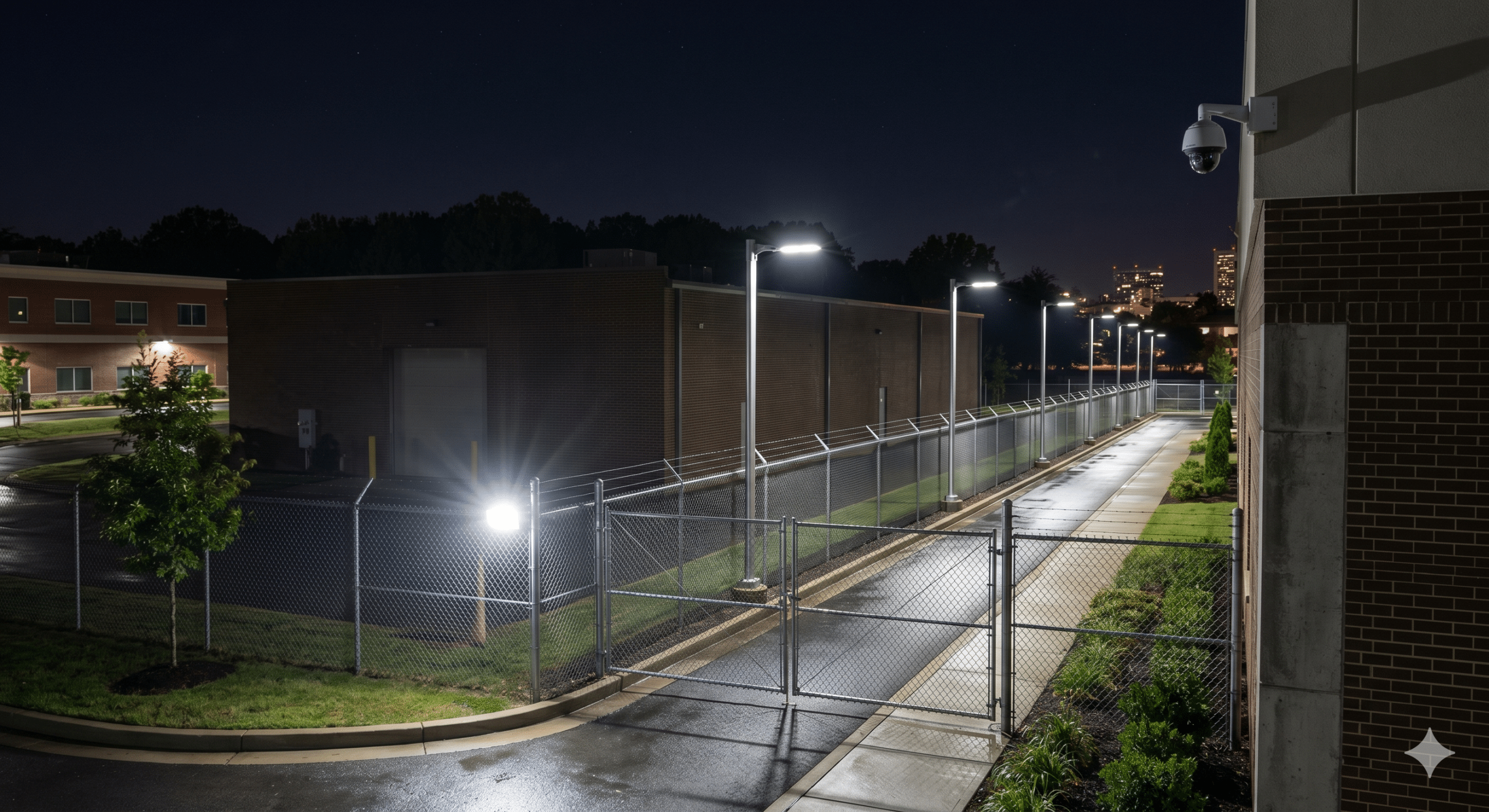 Outdoor security lighting illuminating a fenced commercial property perimeter with surveillance cameras and LED lights at night