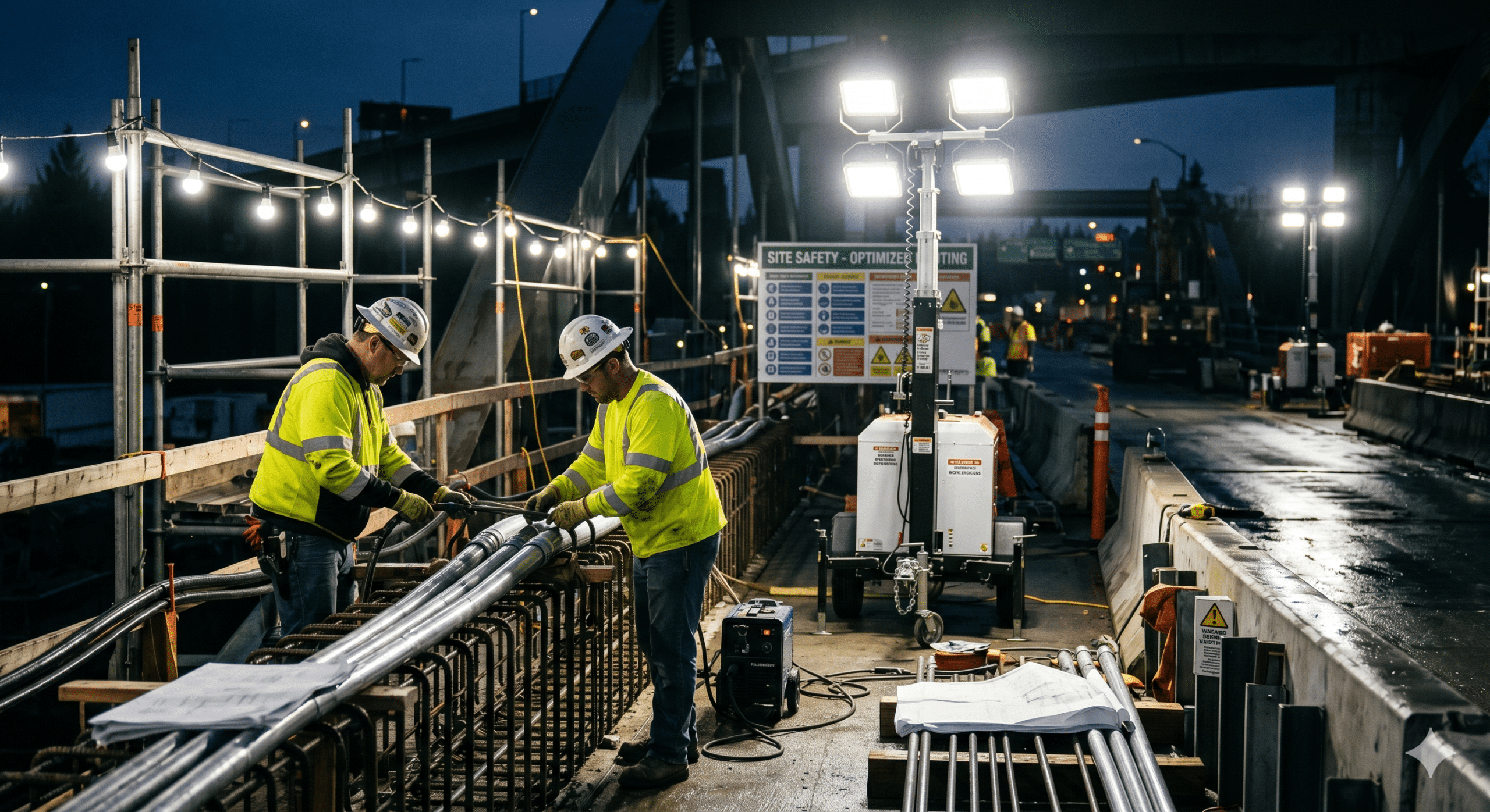 Construction workers using portable lighting systems during nighttime bridge construction to improve visibility, safety, and worksite productivity.