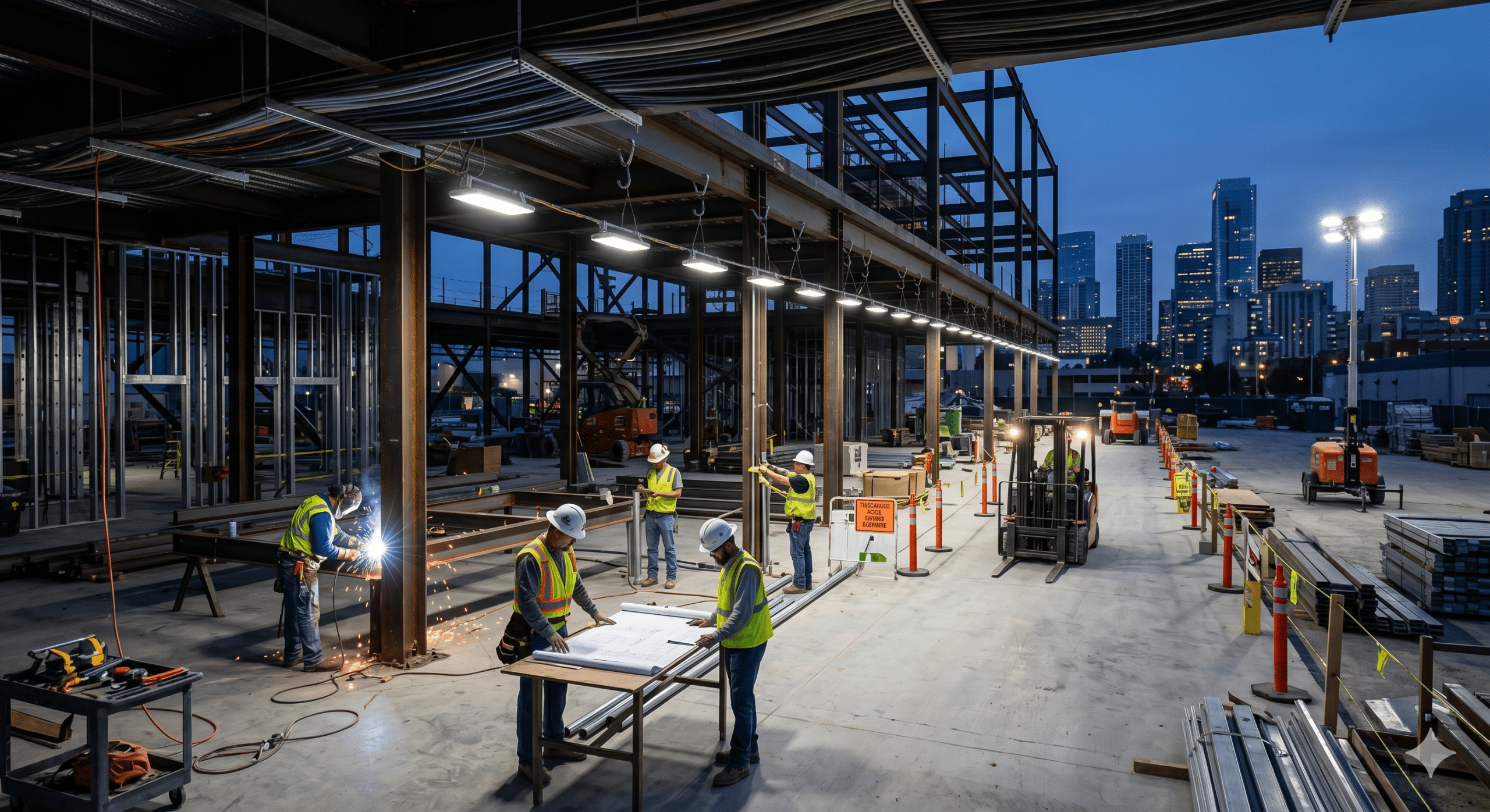 Temporary job-site lighting planning at a nighttime construction site with workers reviewing blueprints, welding steel structures, operating equipment, and working under temporary LED lighting systems.