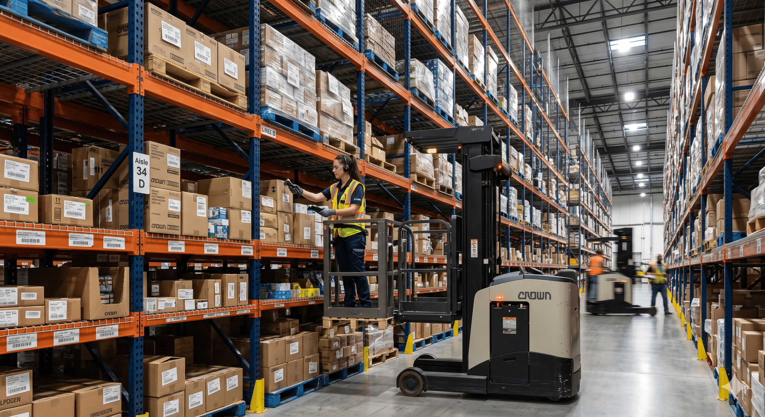Warehouse worker using a reach truck to pick inventory from industrial storage racks in a brightly lit warehouse aisle with high-bay shelving and organized pallet storage.
