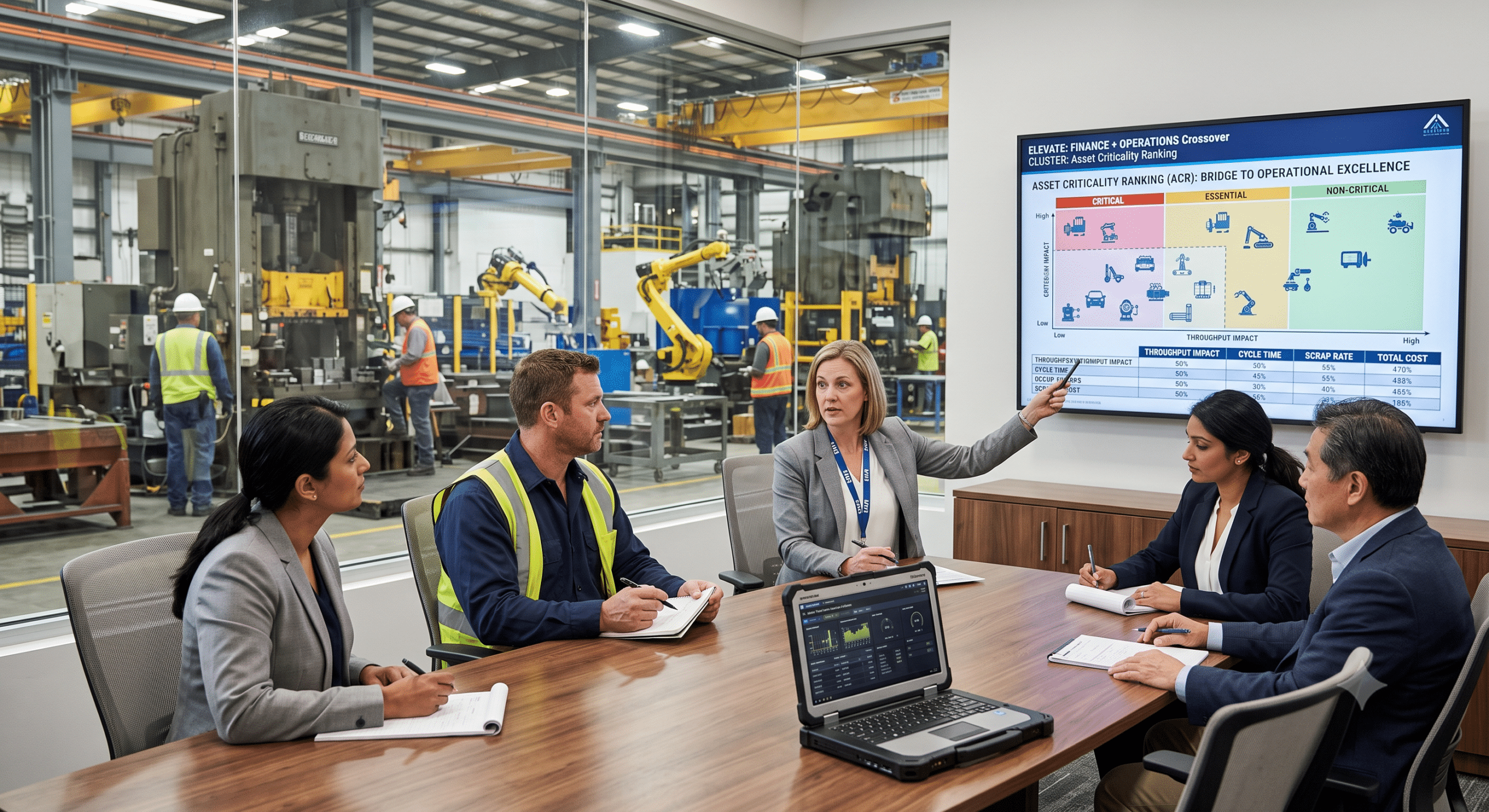 Cross-functional boardroom meeting with corporate finance and factory operations managers reviewing an asset criticality ranking risk matrix display screen.