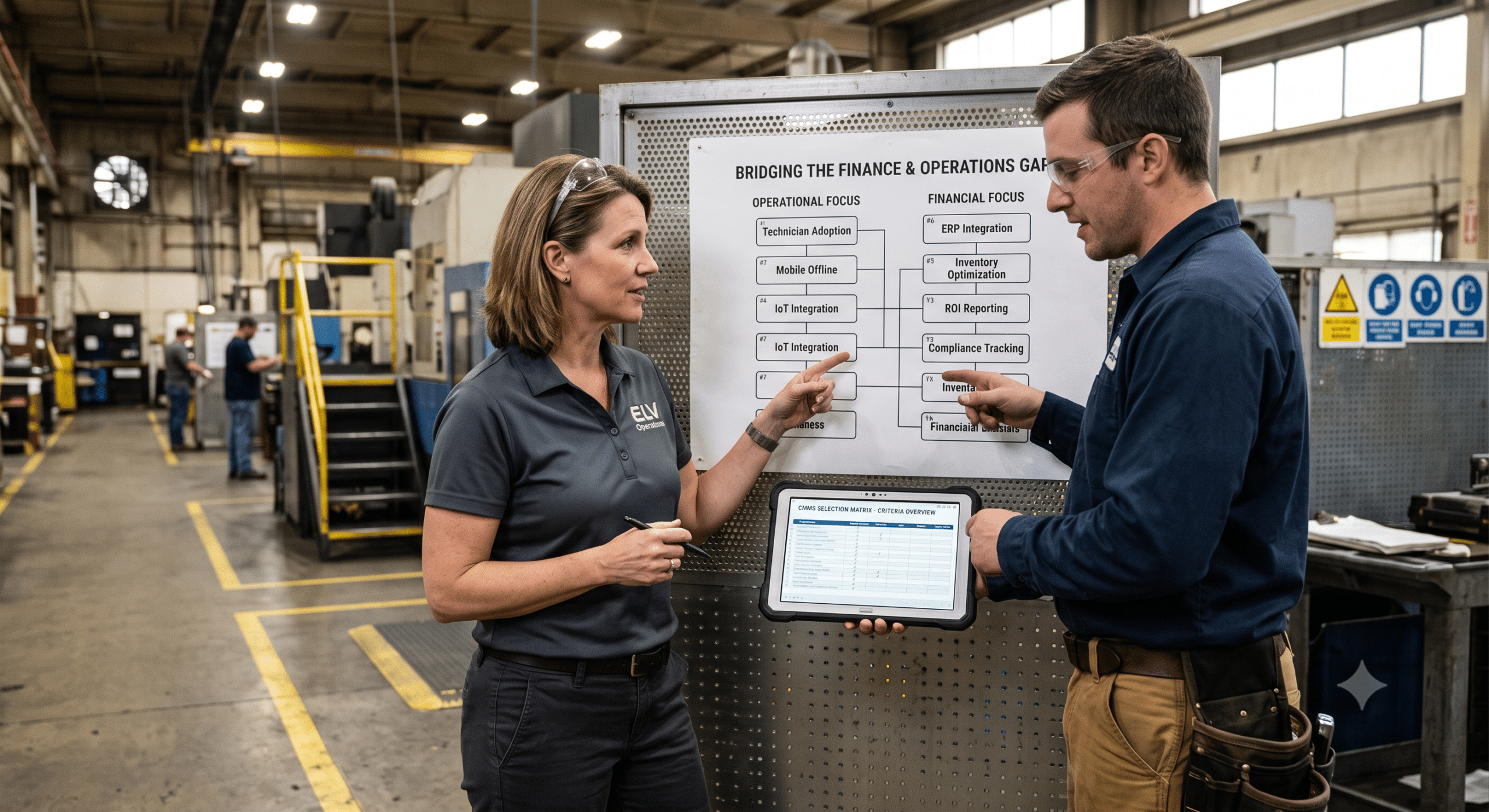 A collaborative review session between a female Strategic Asset Management Lead and a male Reliability Engineer on a factory floor, discussing a detailed CMMS system selection criteria flowchart.