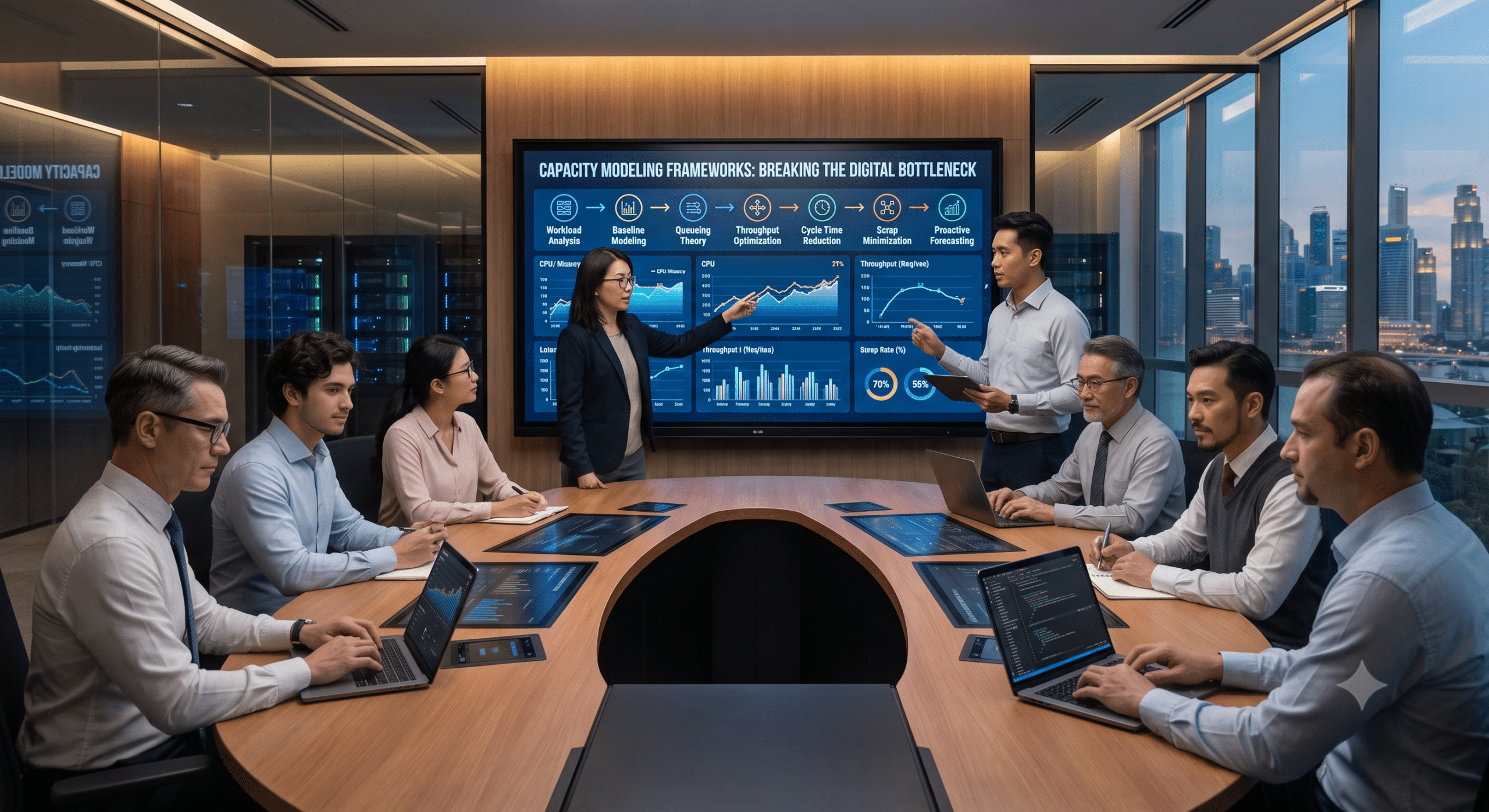 Data science team analyzing infrastructure metrics on capacity modeling frameworks dashboard.