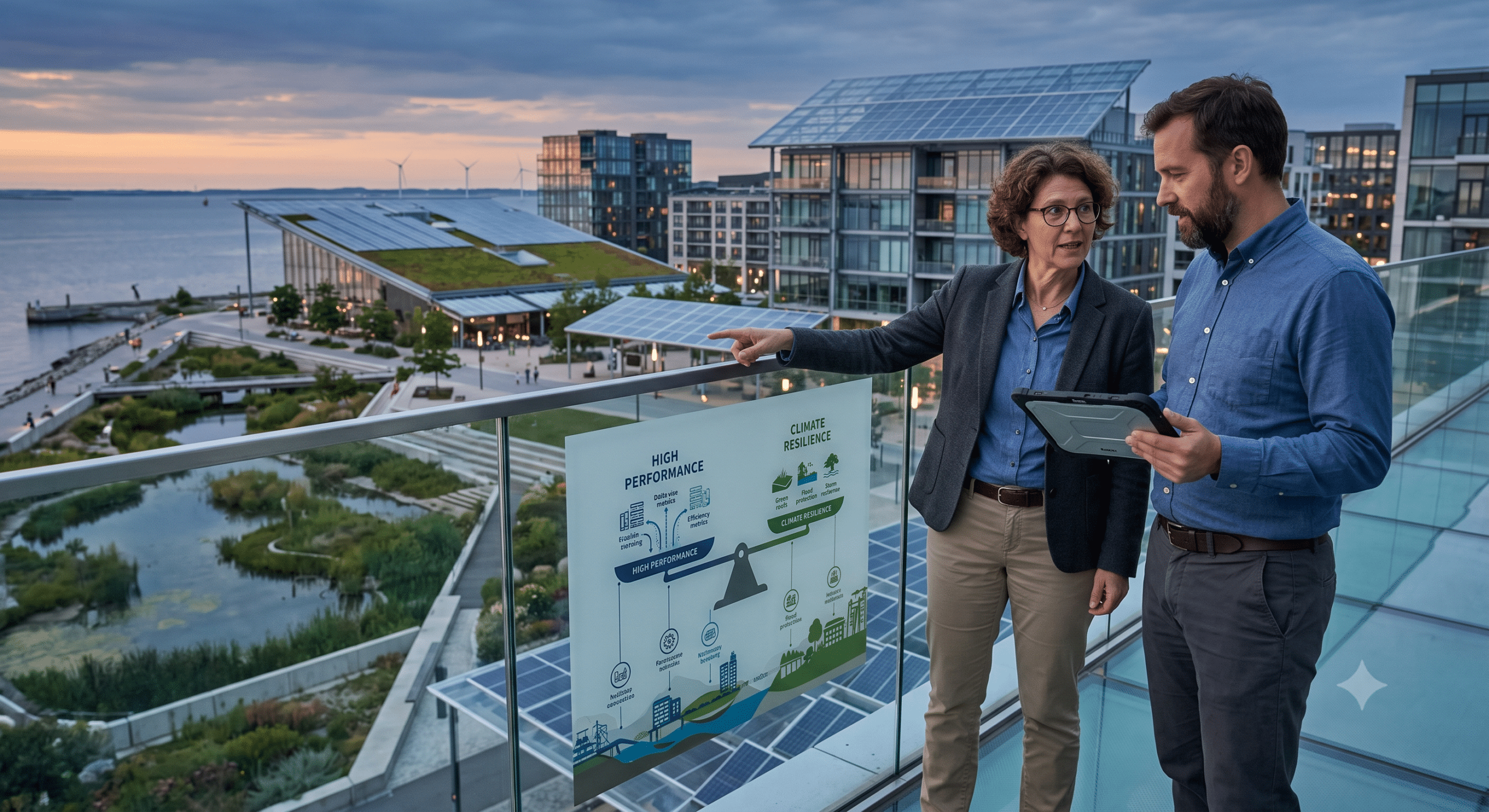 Planners reviewing climate resilience considerations on an infrastructure dashboard overlooking a sustainable city.