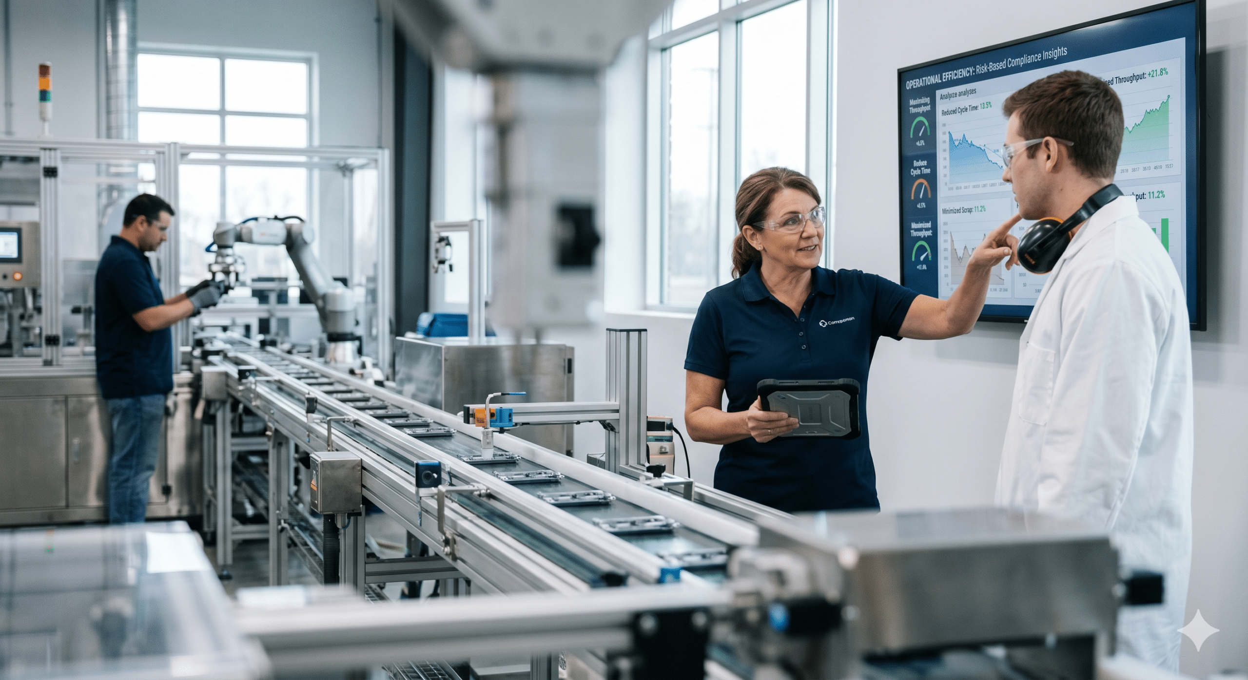 Compliance risk planning in a modern manufacturing facility with quality managers reviewing operational performance, process efficiency, and compliance metrics.