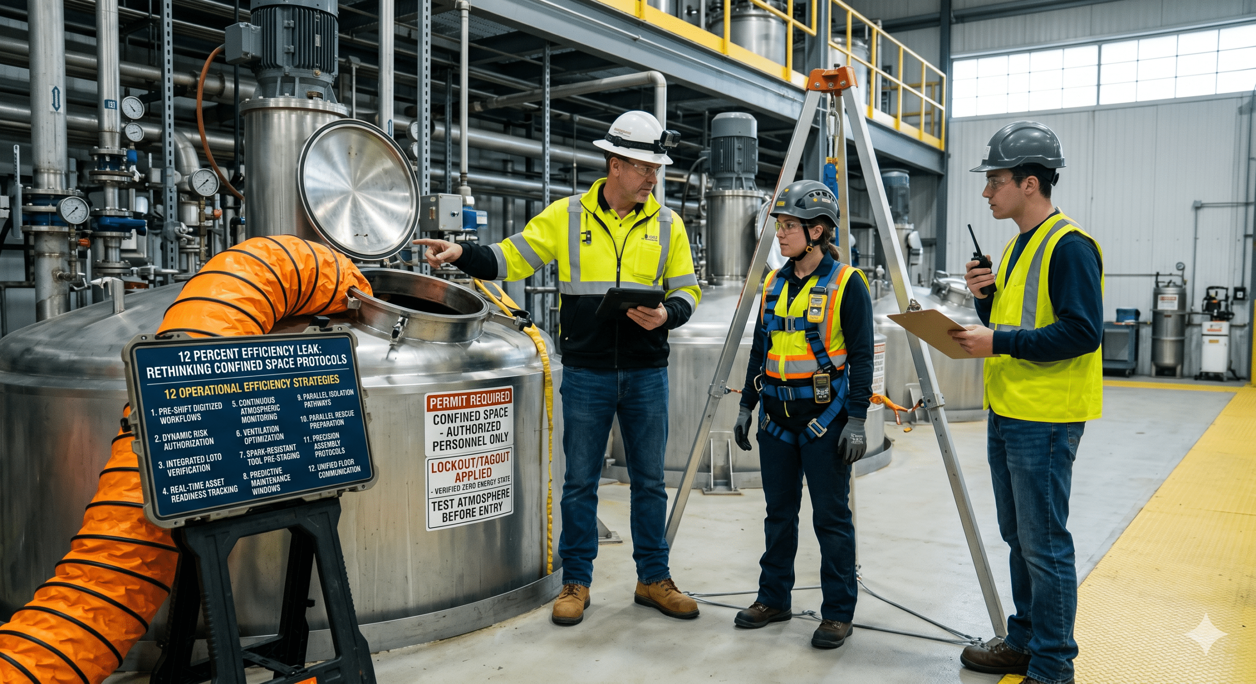 Confined space protocols in action during industrial facility maintenance with workers conducting atmospheric testing, permit verification, and safety inspections before confined space entry.