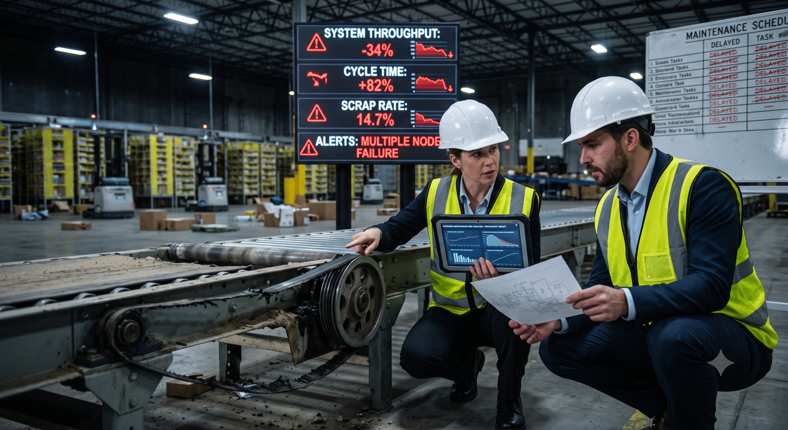 Two infrastructure capacity engineers reviewing a deferred maintenance risk analysis on a digital tablet next to a broken warehouse conveyor belt and a performance dashboard showing dropping throughput