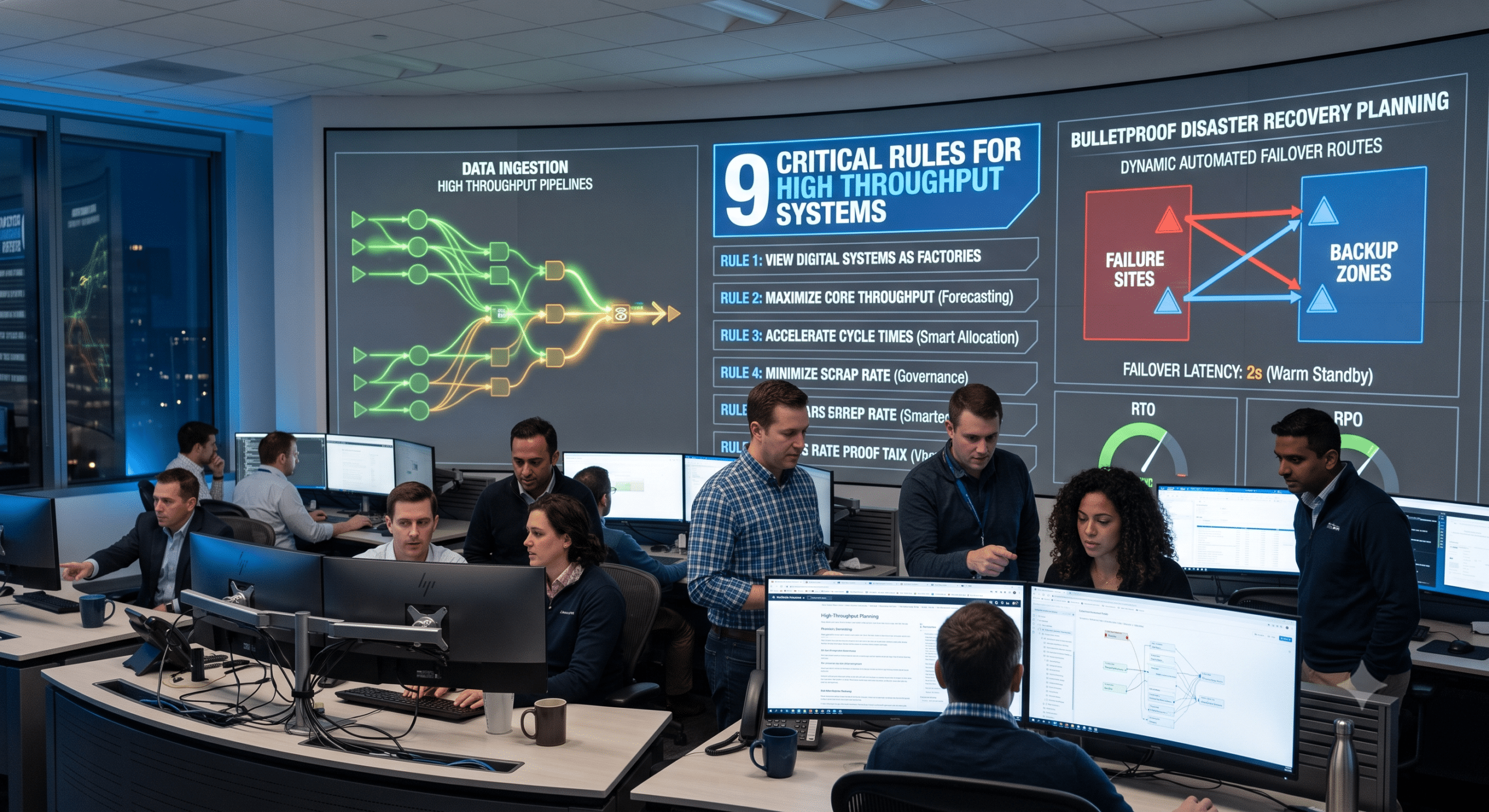 A high-tech network operations command center with engineers analyzing data pipelines, disaster recovery planning metrics, RTO gauges, and automated failover routes on large screens.