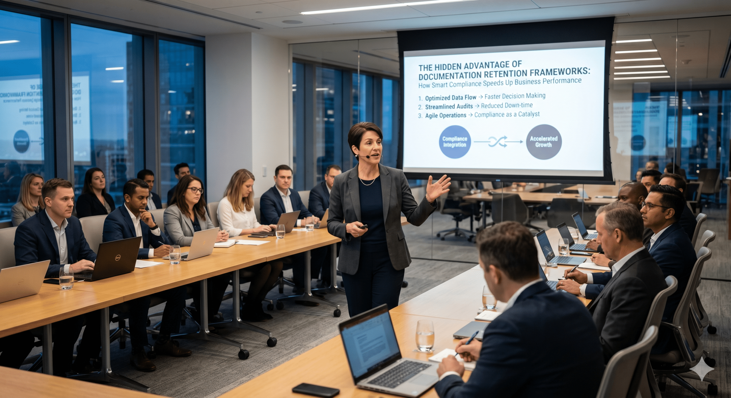 Business leaders attending a compliance strategy meeting focused on document retention systems, operational efficiency, audit readiness, and corporate governance.