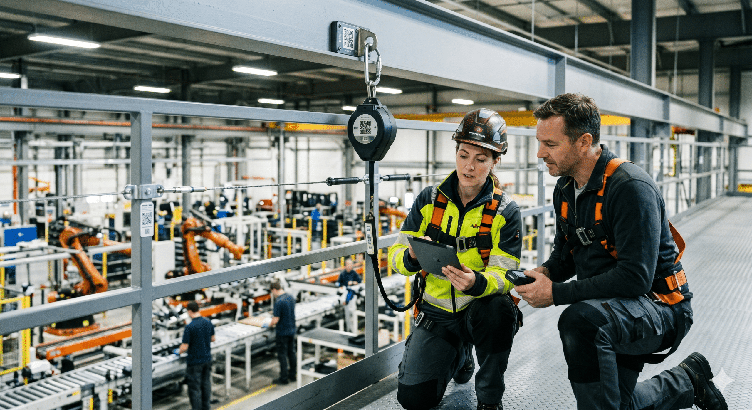 Workers conducting fall protection planning on an elevated industrial platform using safety harnesses and digital inspection tools in a manufacturing facility