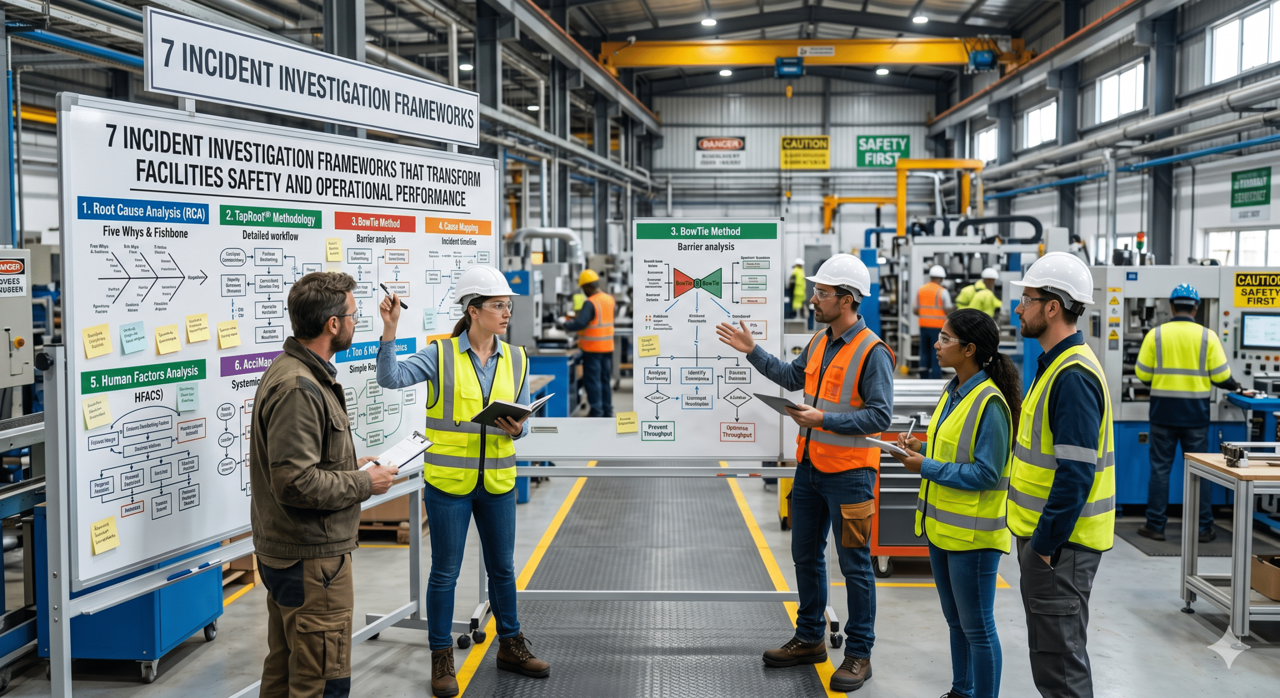 Incident investigation frameworks being reviewed by safety professionals in a modern manufacturing facility to improve facilities safety, compliance, risk management, and operational performance.