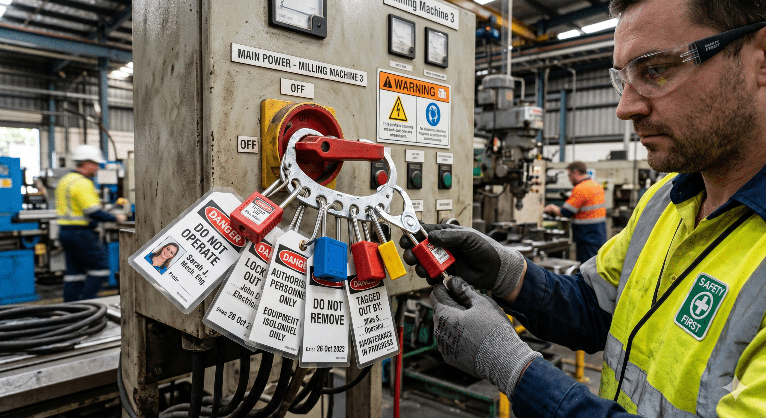 Lockout/tagout systems explained with a maintenance technician applying safety locks and warning tags to isolate power on industrial machinery during facility maintenance.