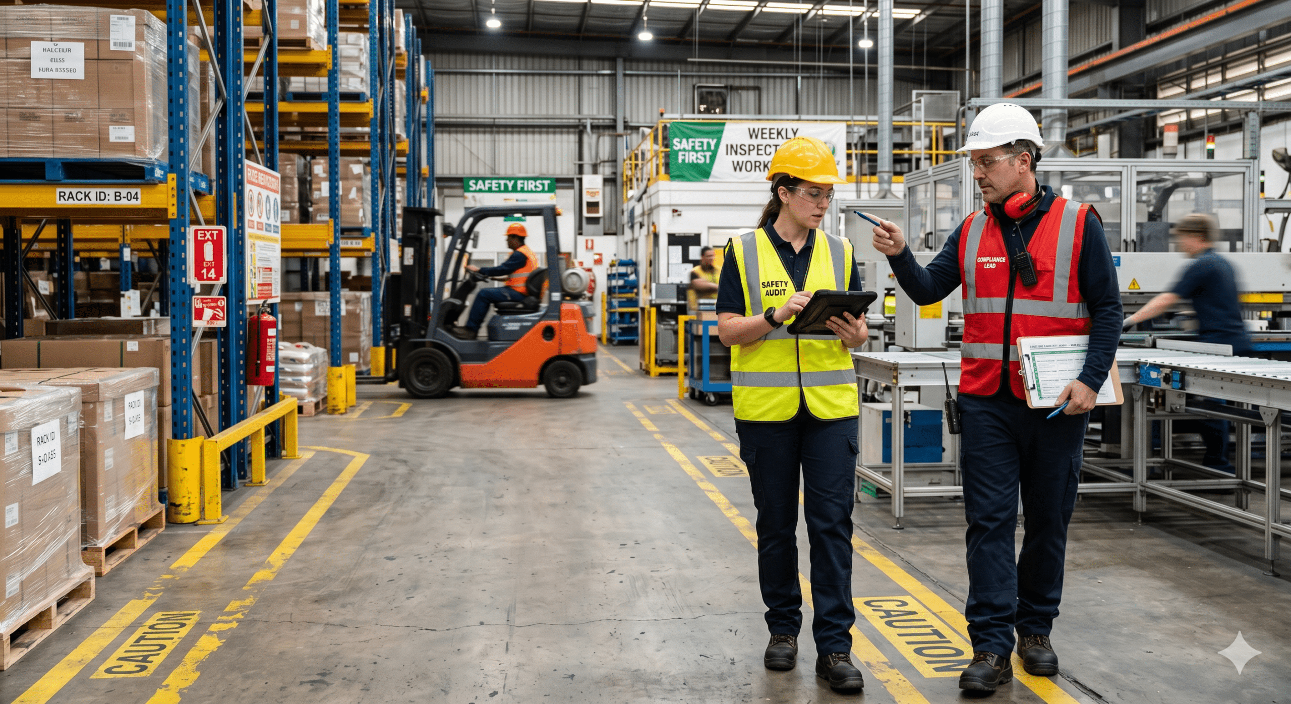 Safety audits and internal inspections being conducted in a warehouse facility to improve workplace safety, compliance, and operational efficiency