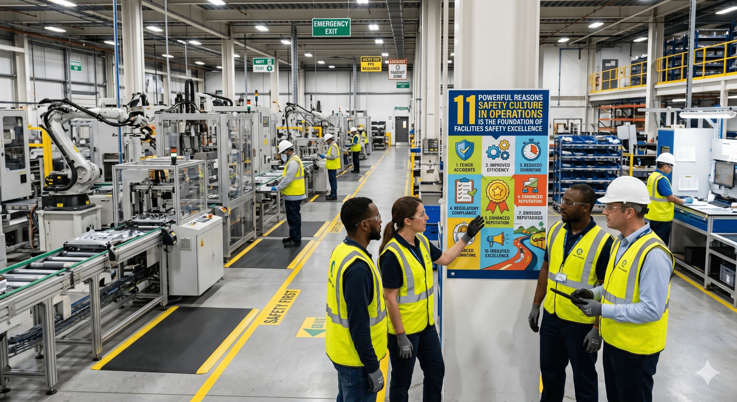 Safety culture in operations meeting inside a modern manufacturing facility with workers discussing facilities safety and risk management