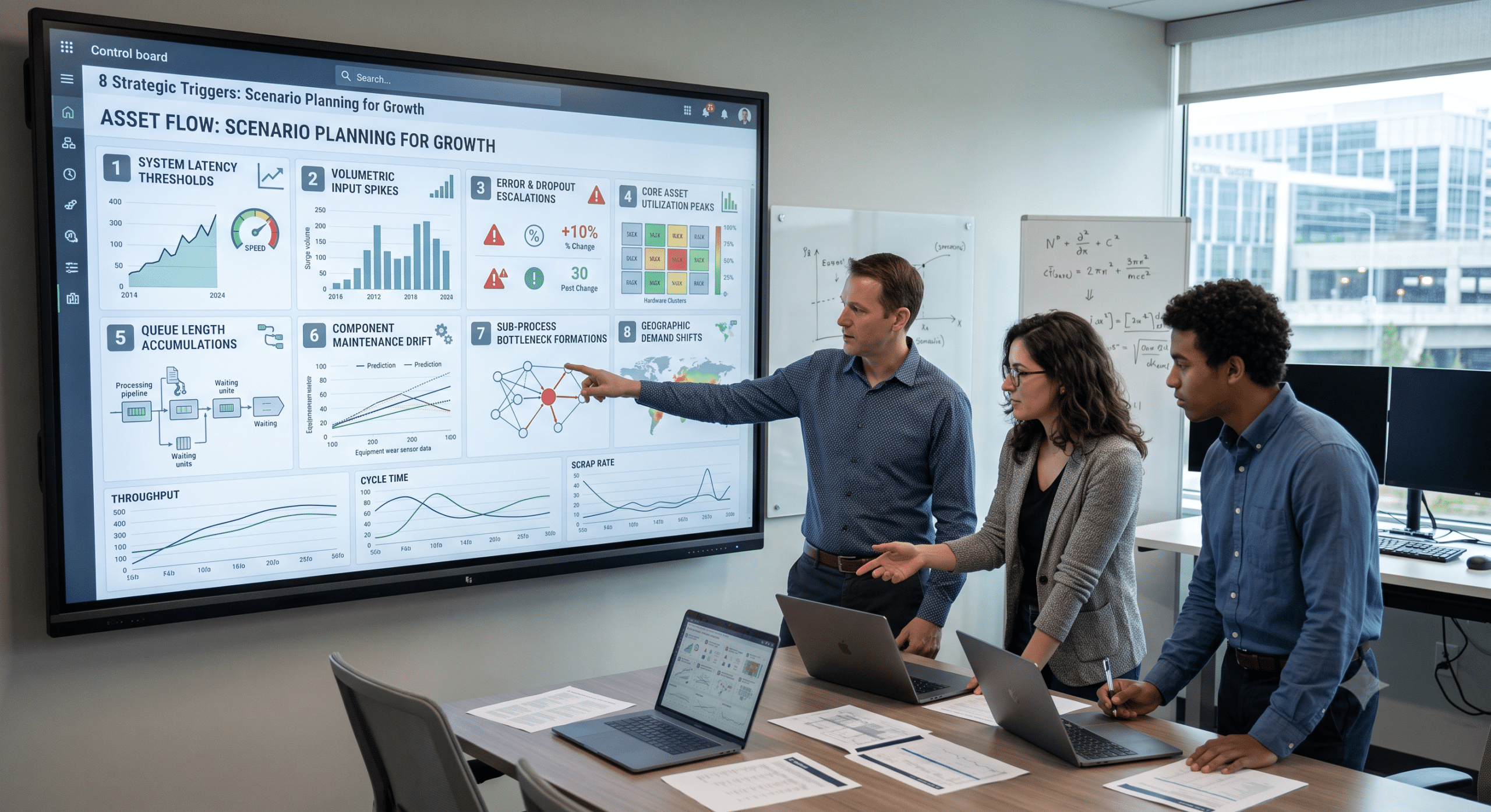 A corporate conference room team uses a large touchscreen dashboard for scenario planning for asset flow, illustrating eight strategic triggers for growth including throughput, cycle time, and scrap rate metrics.