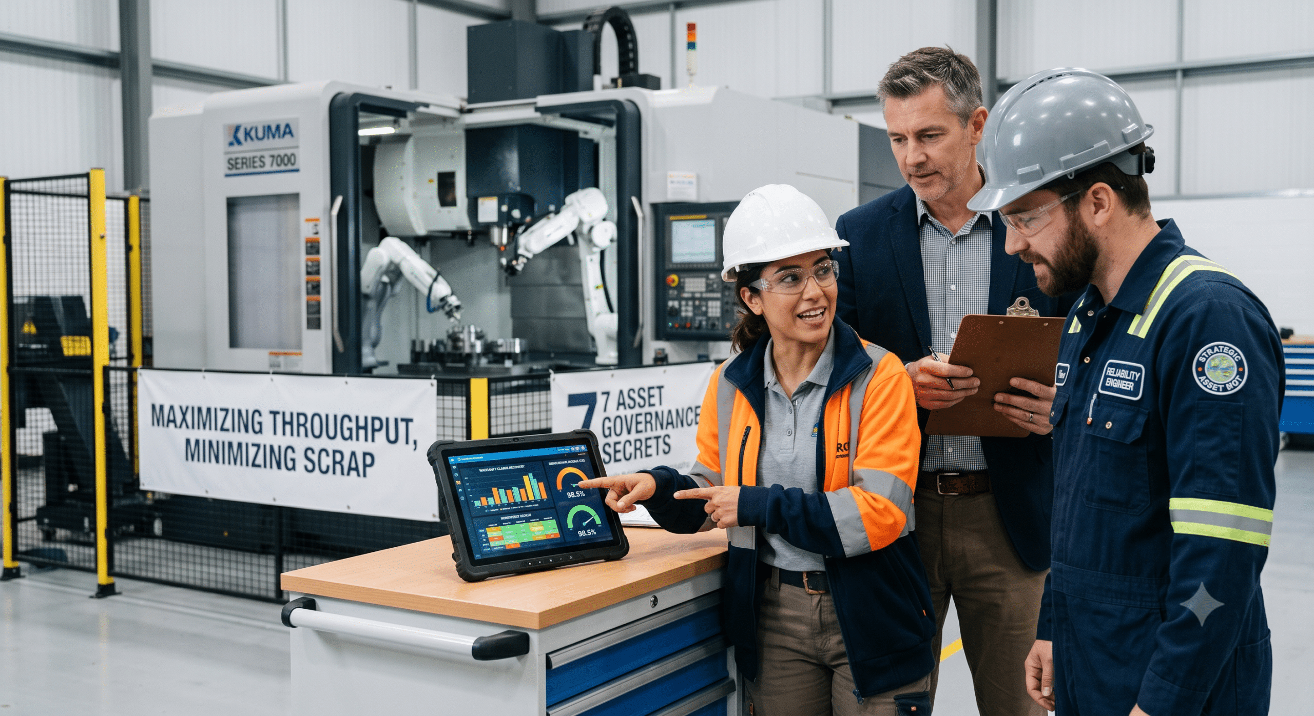 Operations team reviewing manufacturing throughput data on a tablet linked to enterprise warranty tracking systems.