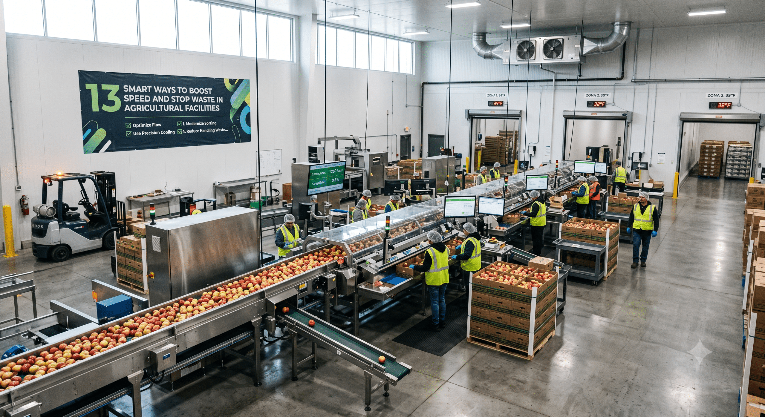 Modern agricultural processing facility with automated fruit sorting lines, cold storage zones, conveyor systems, and workers optimizing food production and packaging efficiency.