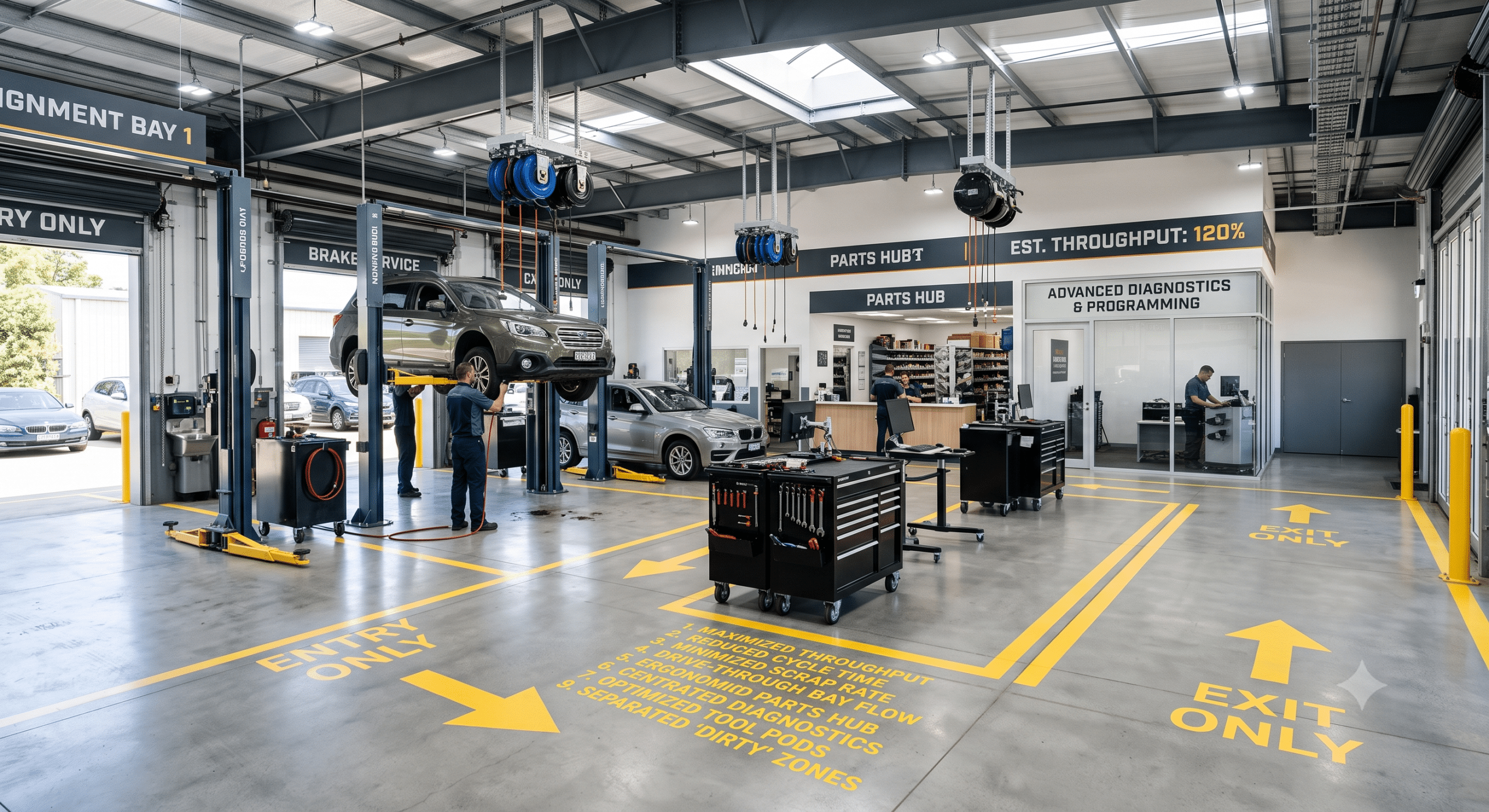 Modern automotive repair shop with vehicle lifts, diagnostic equipment, organized service bays, parts hub, and efficient workshop layout for high-throughput vehicle maintenance.