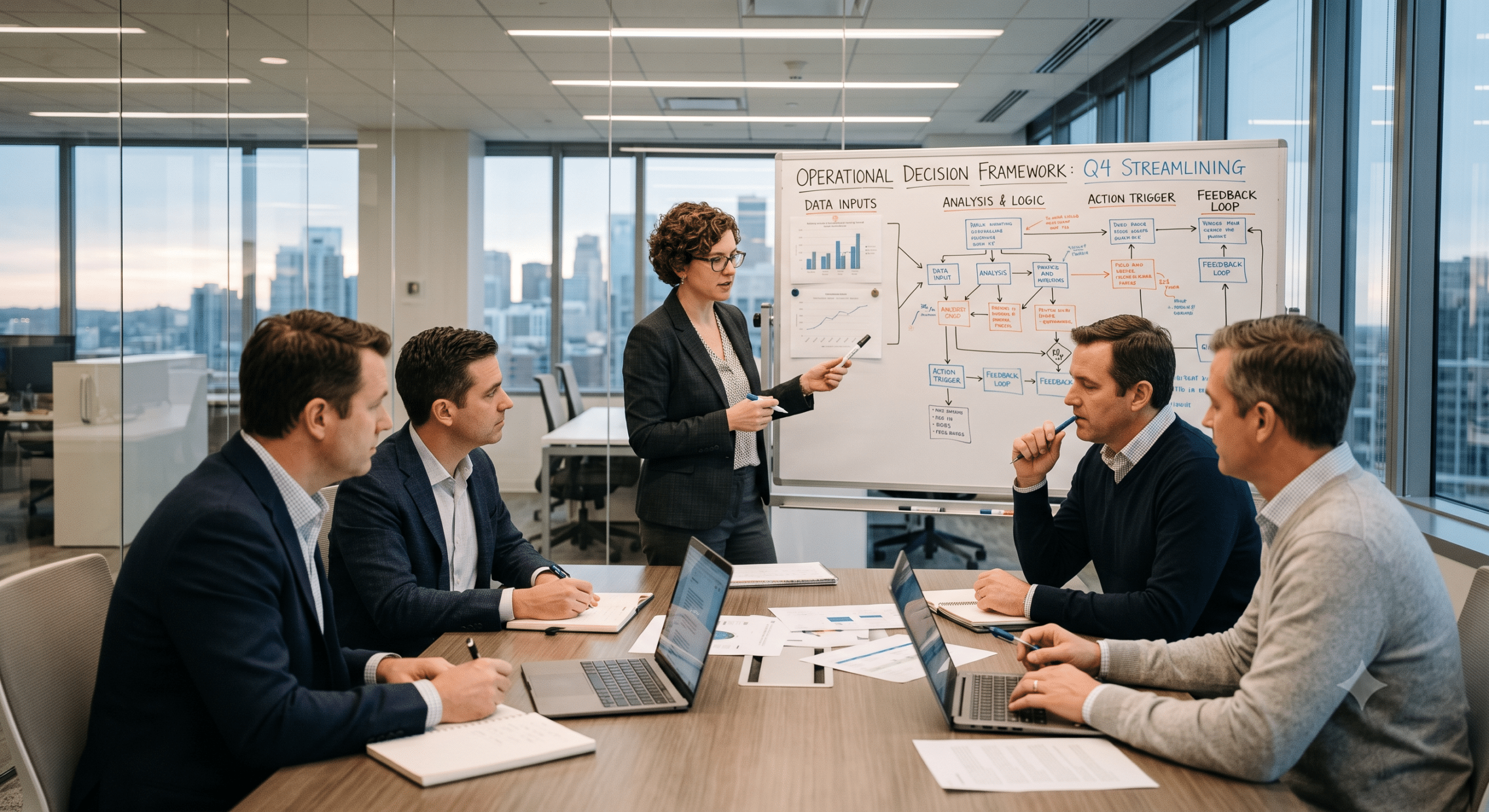 Business team reviewing budget forecasting models during an operational planning meeting using financial data, workflow analysis, and decision framework for strategic budgeting.