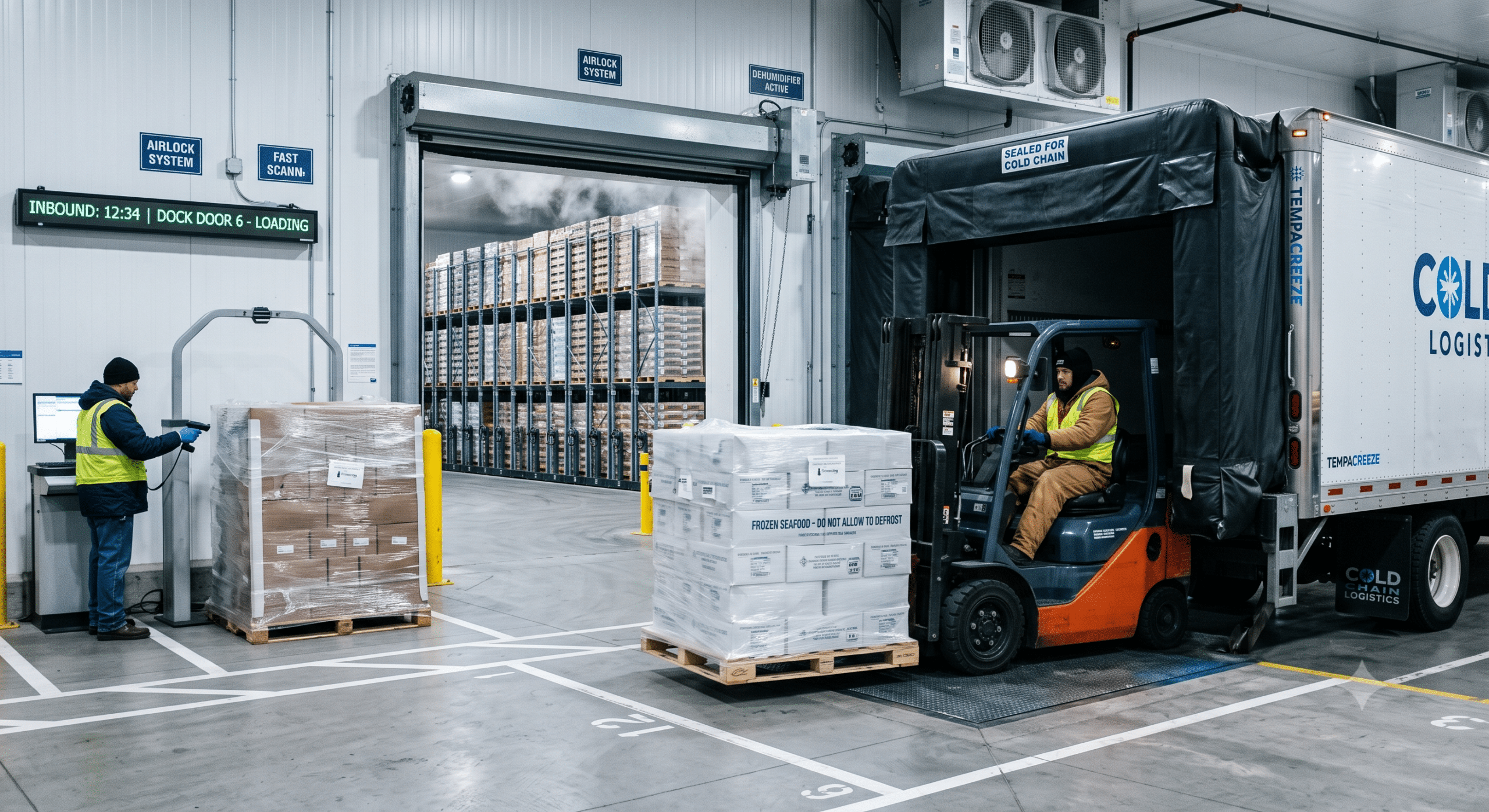 Cold storage facility with refrigerated warehouse, forklift loading, and temperature-controlled logistics operations