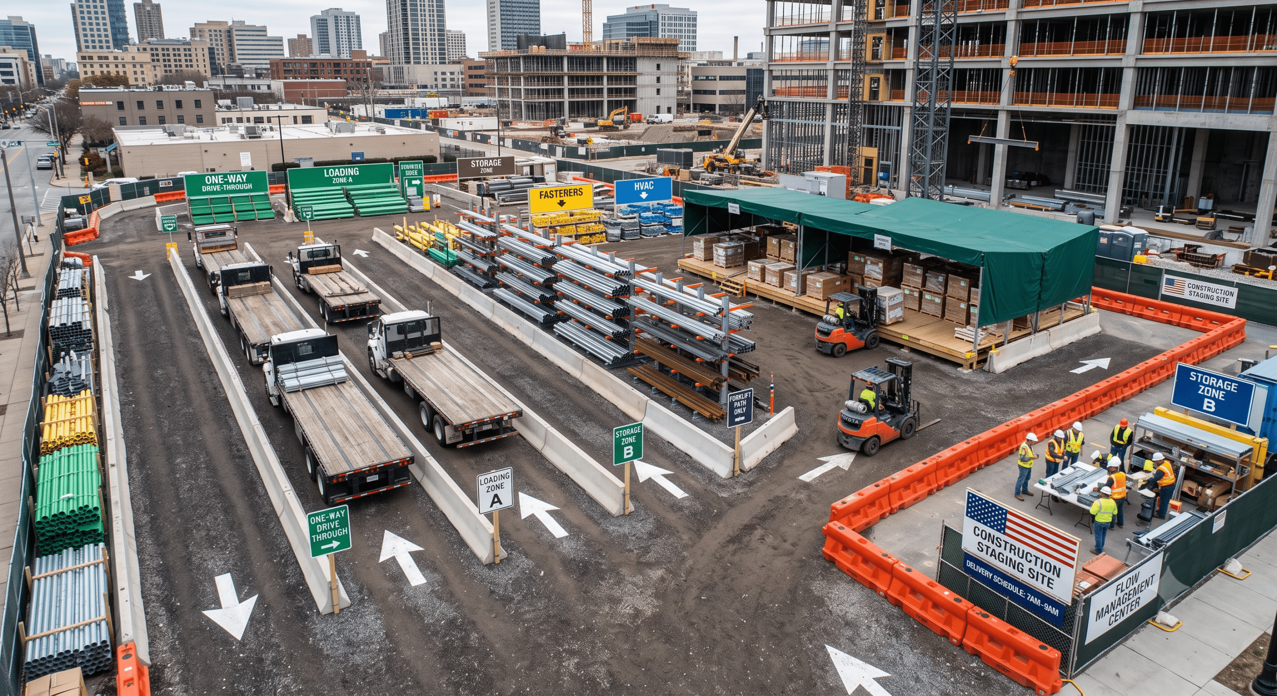 Construction staging site with organized material storage, designated loading zones, one-way traffic flow, forklifts, and structured logistics supporting efficient building operations.