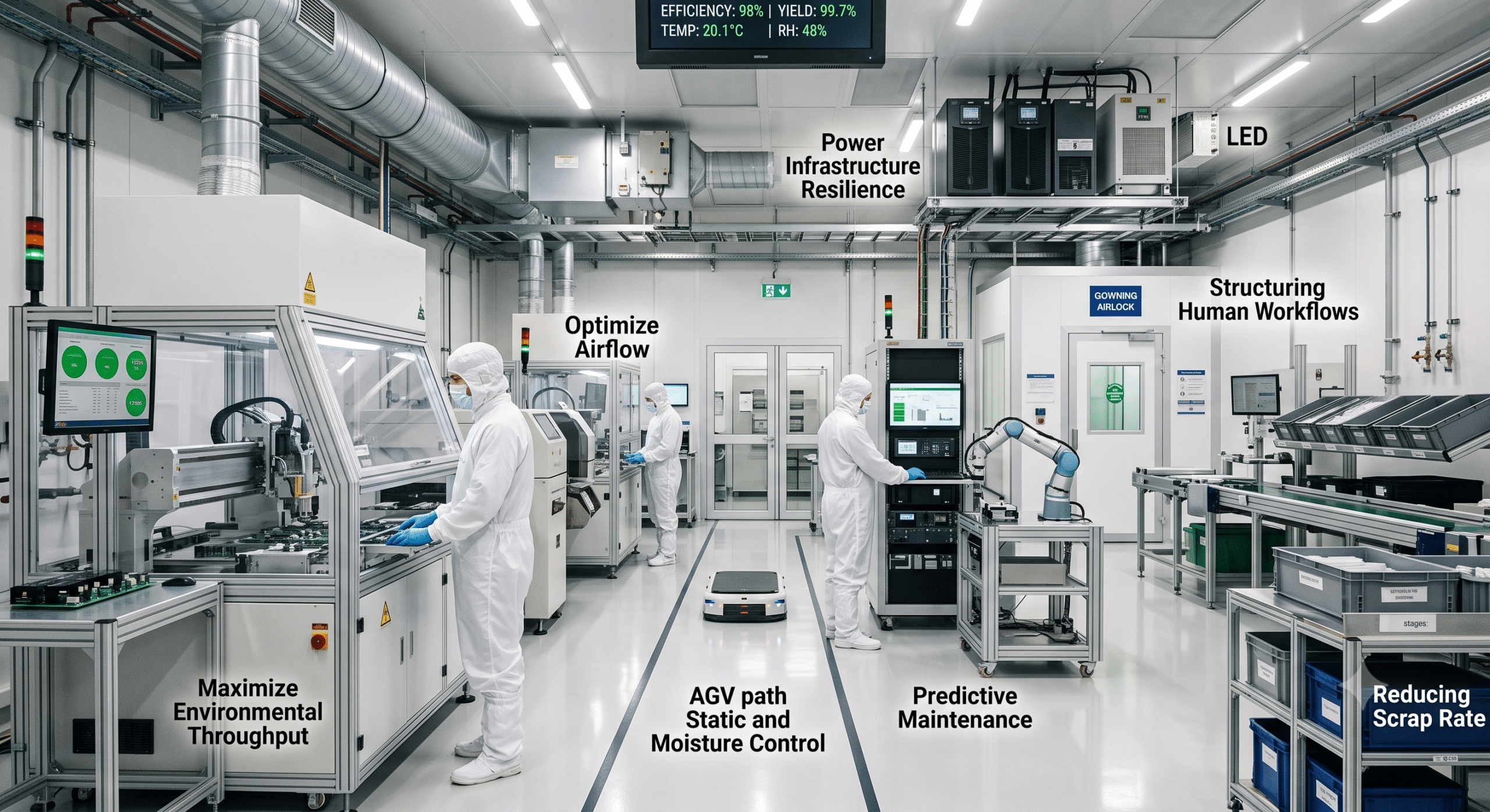Cleanroom manufacturing facility with automated production equipment, environmental monitoring, predictive maintenance, and controlled workflow systems